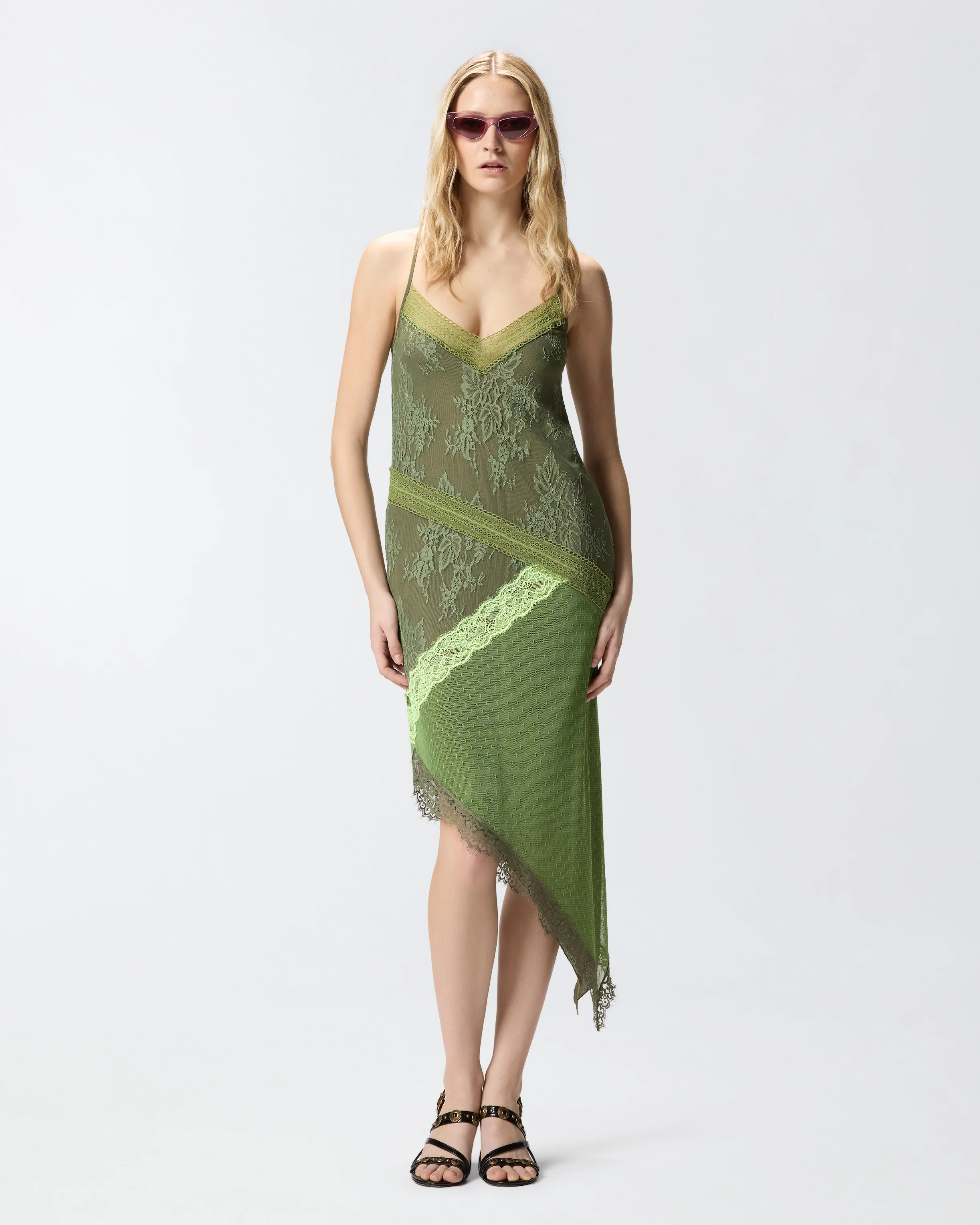 Asymmetric patchwork-effect lace mini dress
