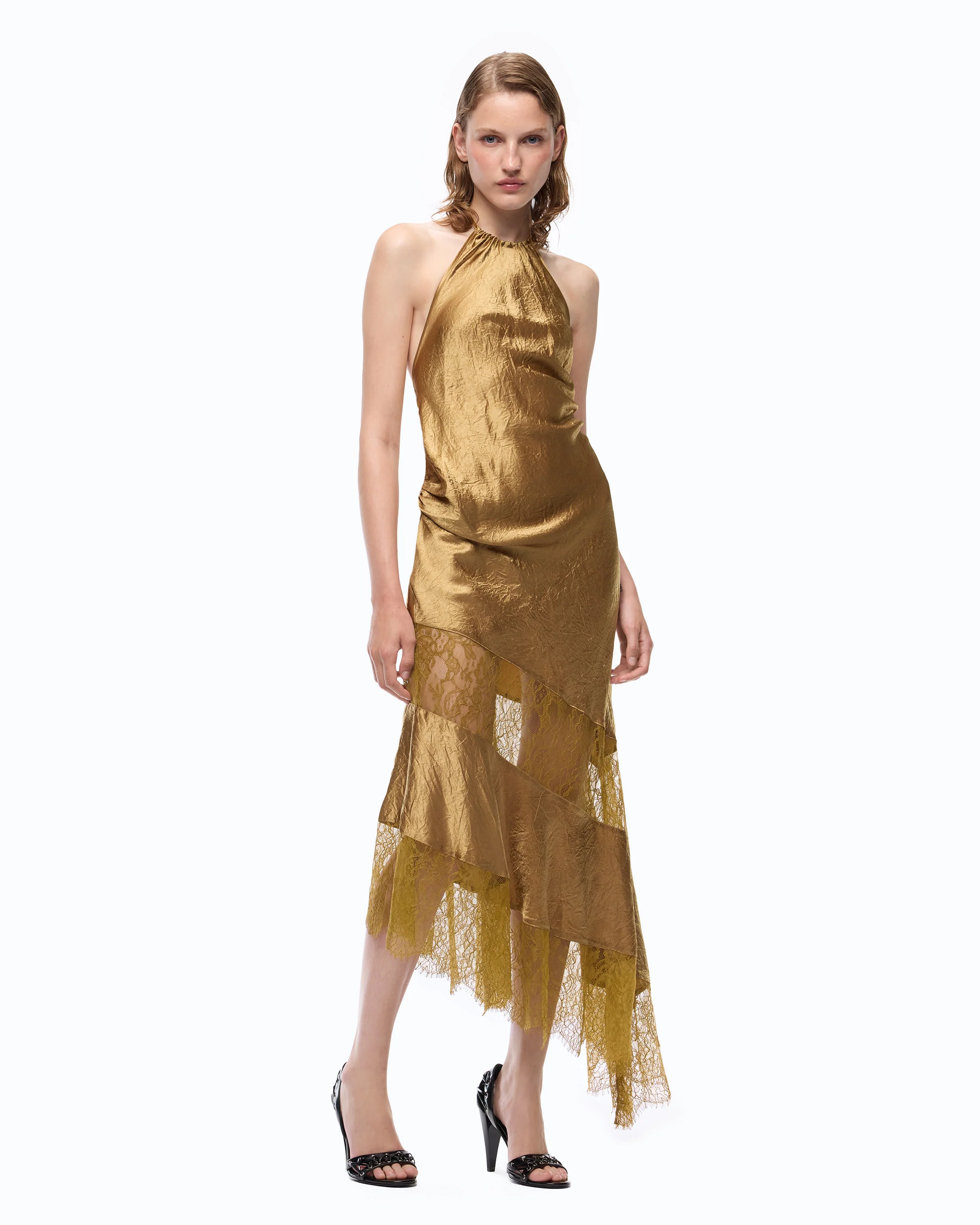 Asymmetric satin midi dress with lace