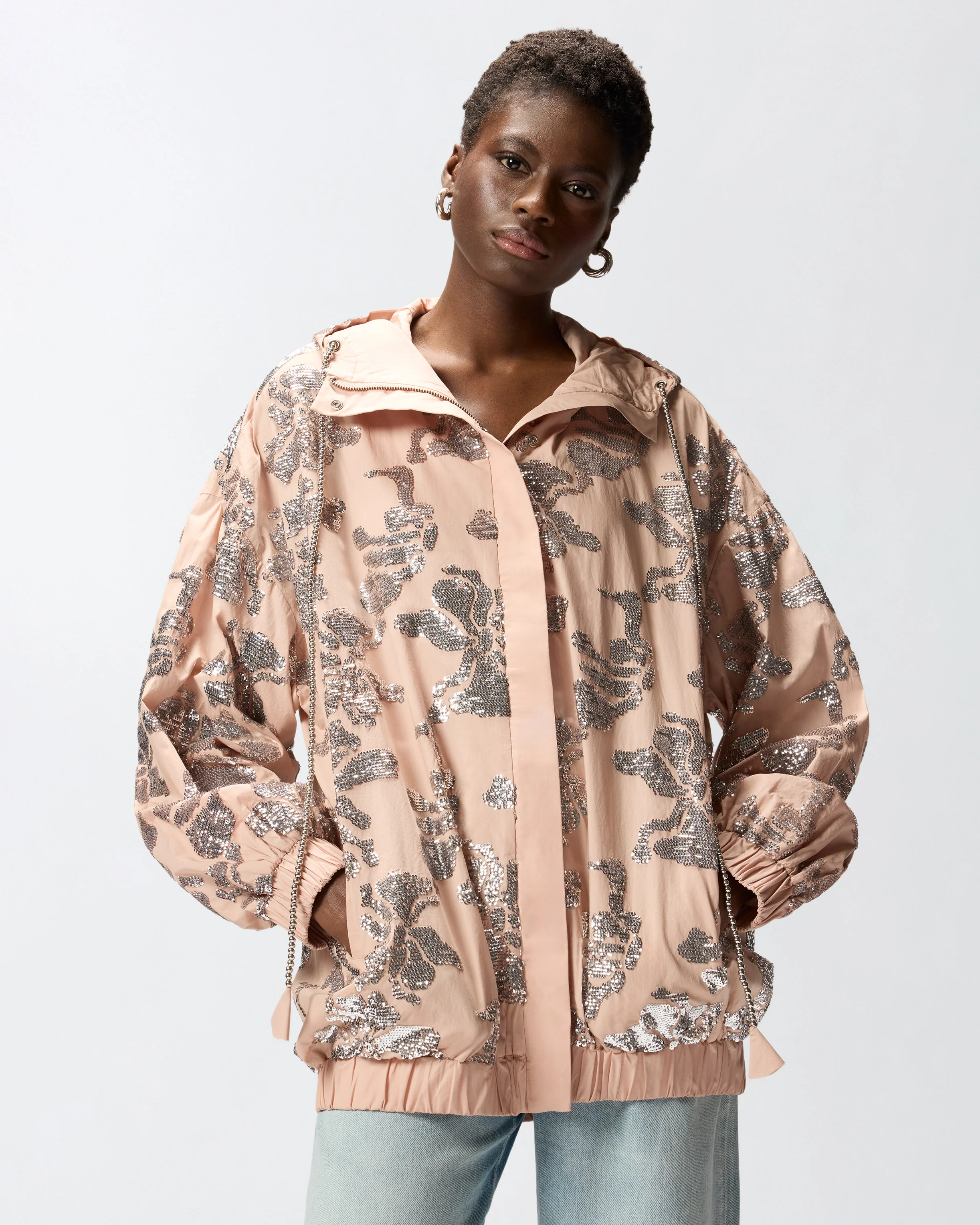 Bomber jacket with floral sequin embroidery