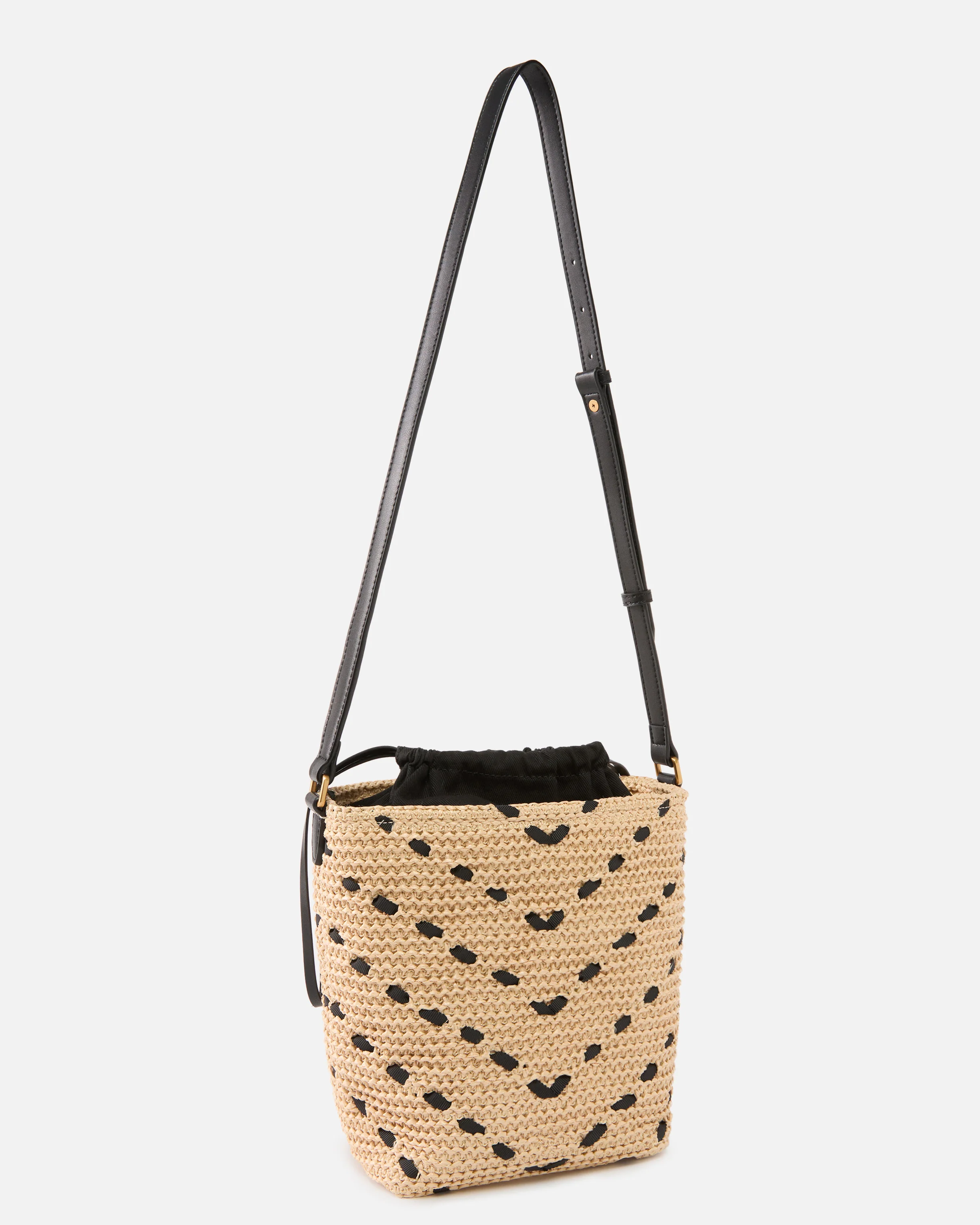 Bucket Mini crossbody bag in raffia with chevron motif - Image 2