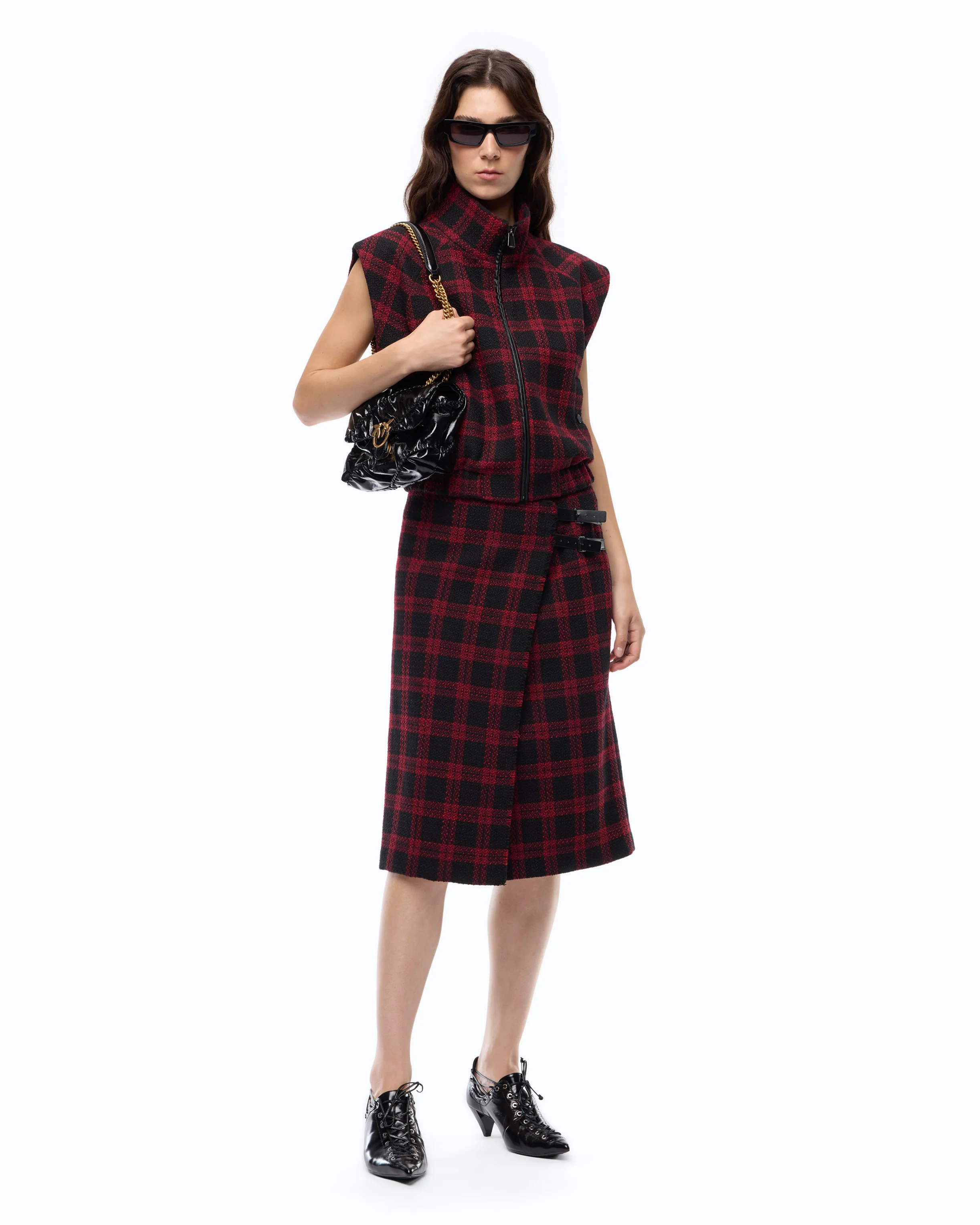 Calf-length wrap skirt with check pattern