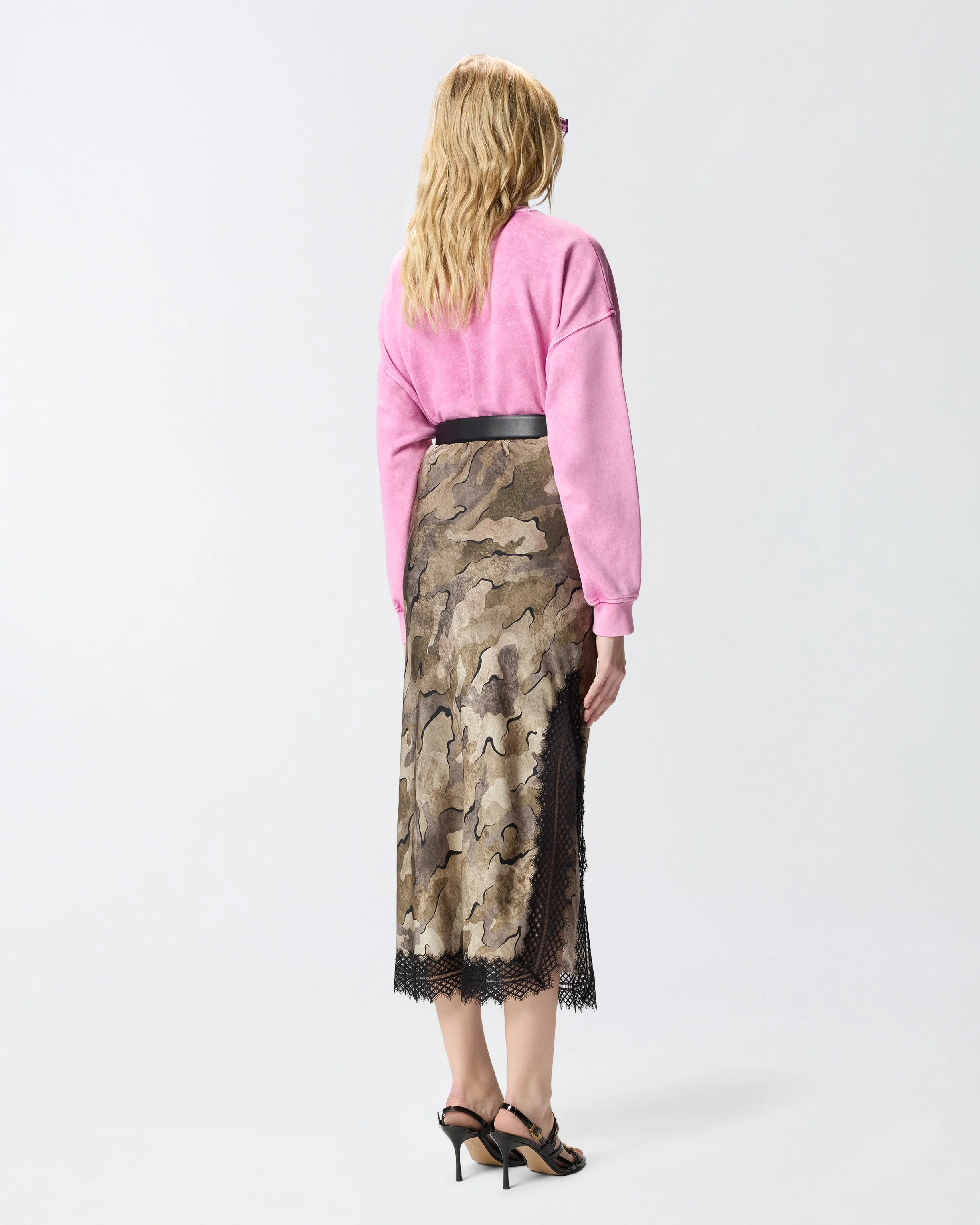 Camouflage midi skirt with lace and slit - Image 3