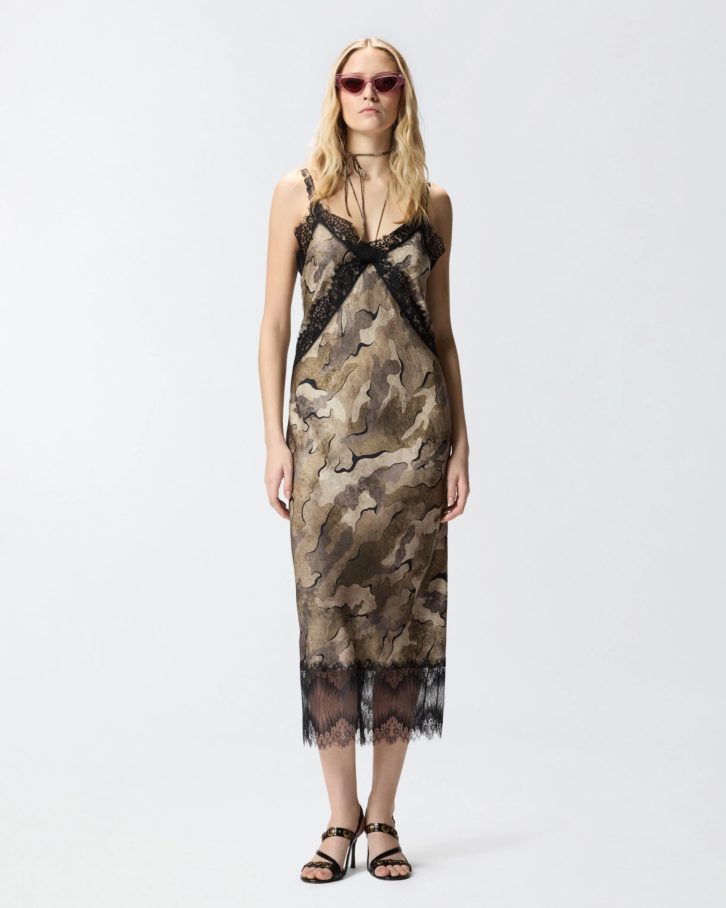 Camouflage midi slip dress with lace