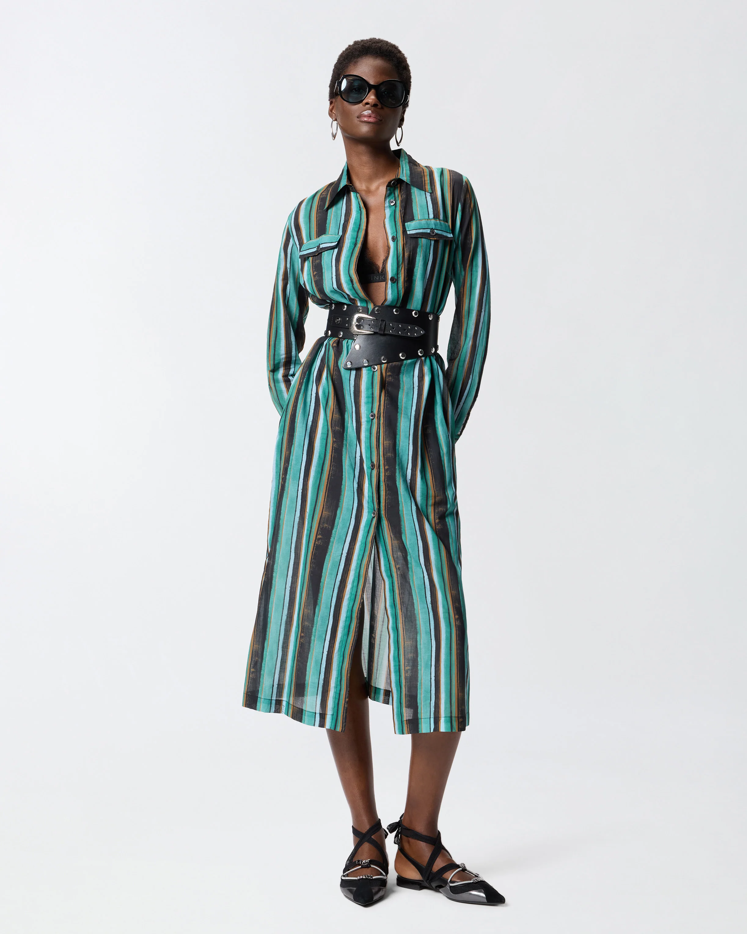 Cotton midi shirt dress with brushstroke-effect stripes