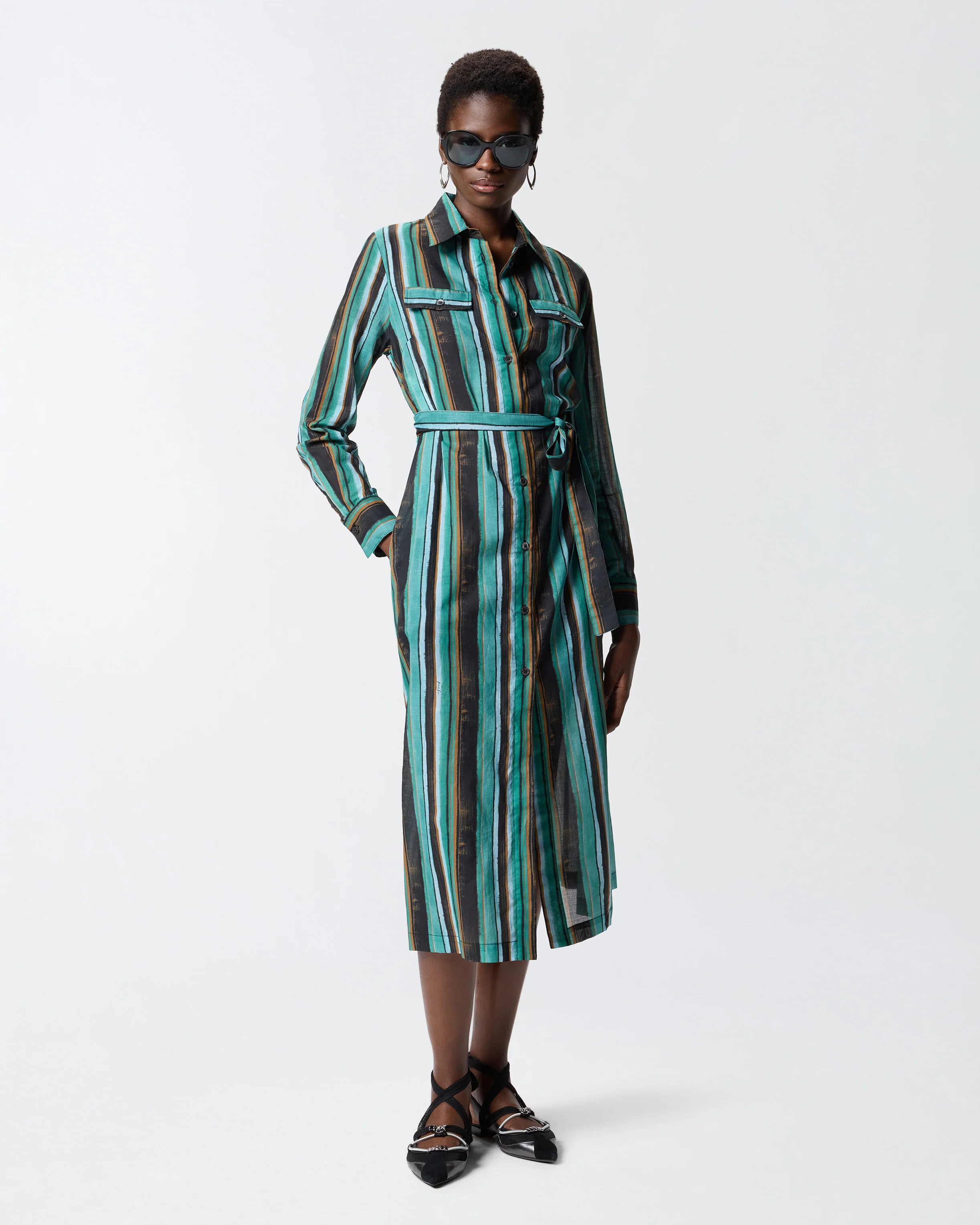 Cotton midi shirt dress with brushstroke-effect stripes - Image 2