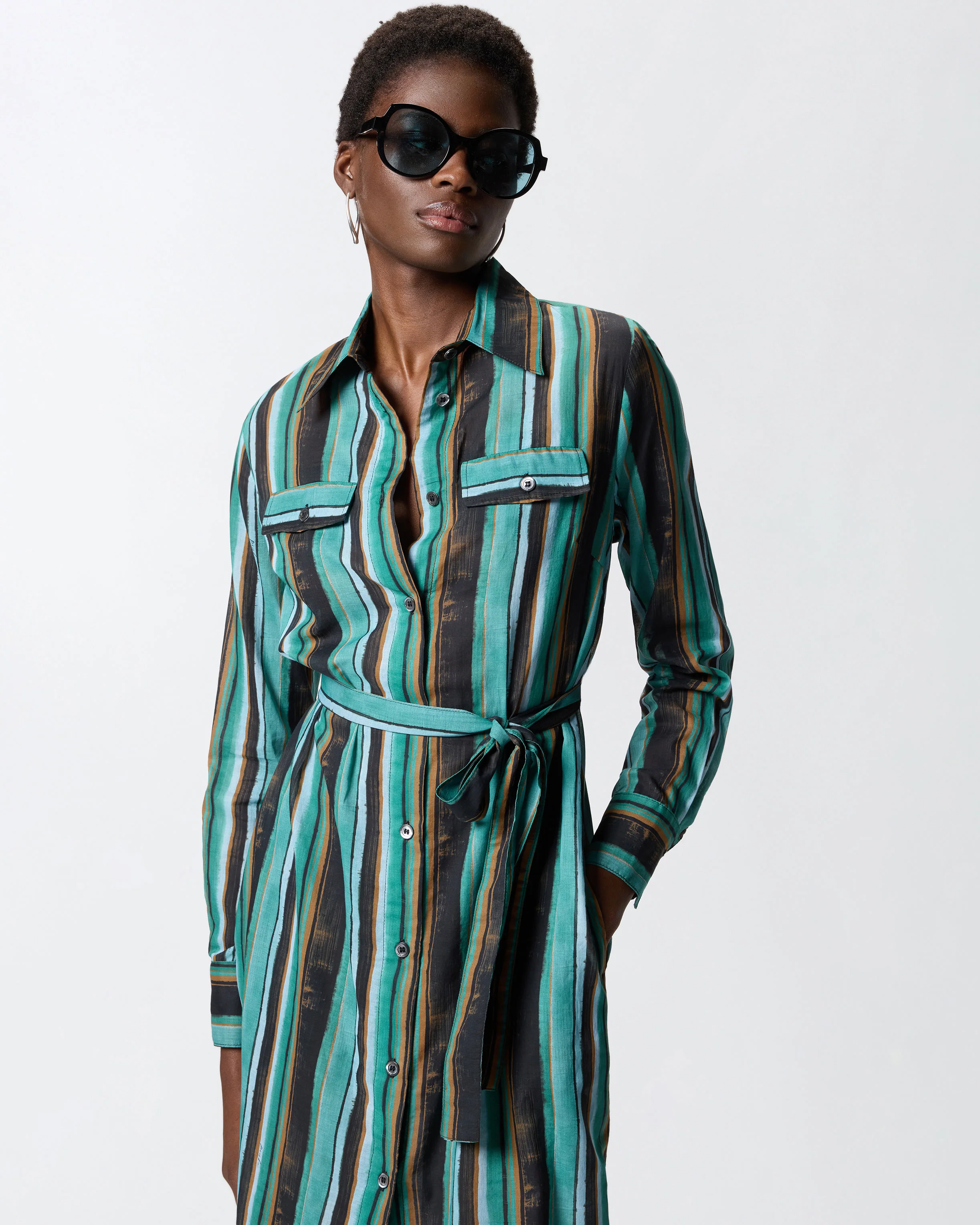 Cotton midi shirt dress with brushstroke-effect stripes - Image 4
