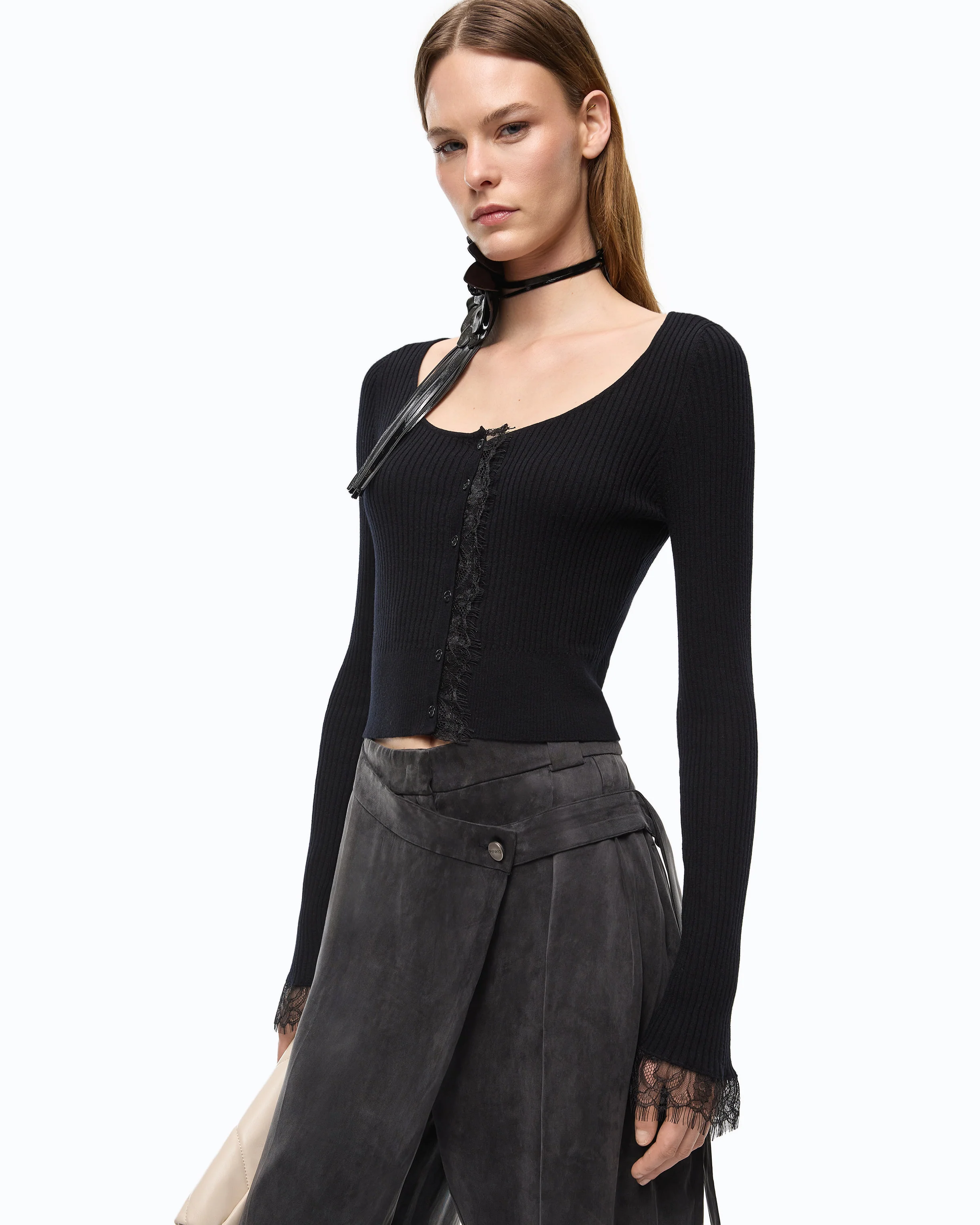 Cropped cardigan in silk and cashmere blend with lace
