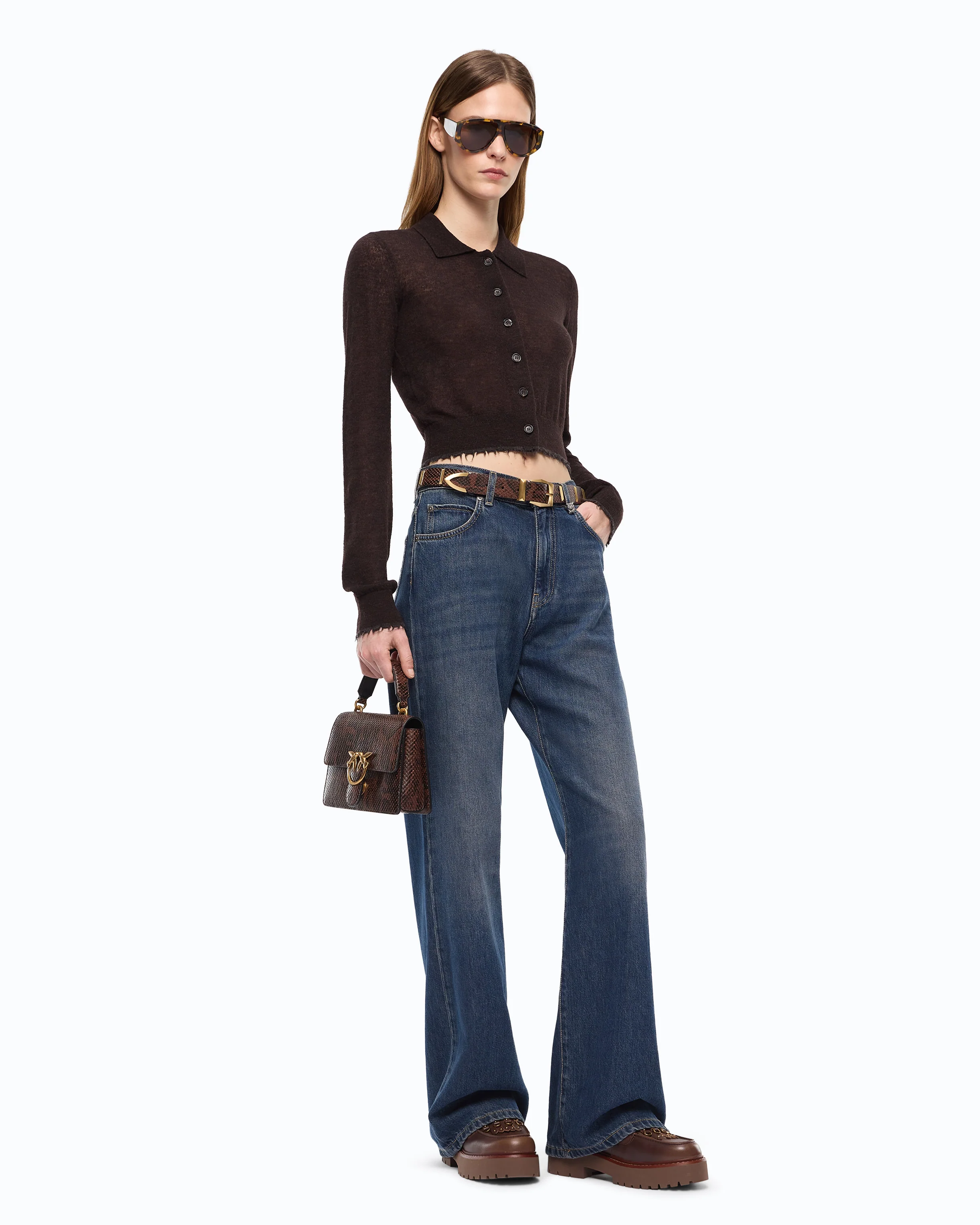 Cropped cardigan with polo collar