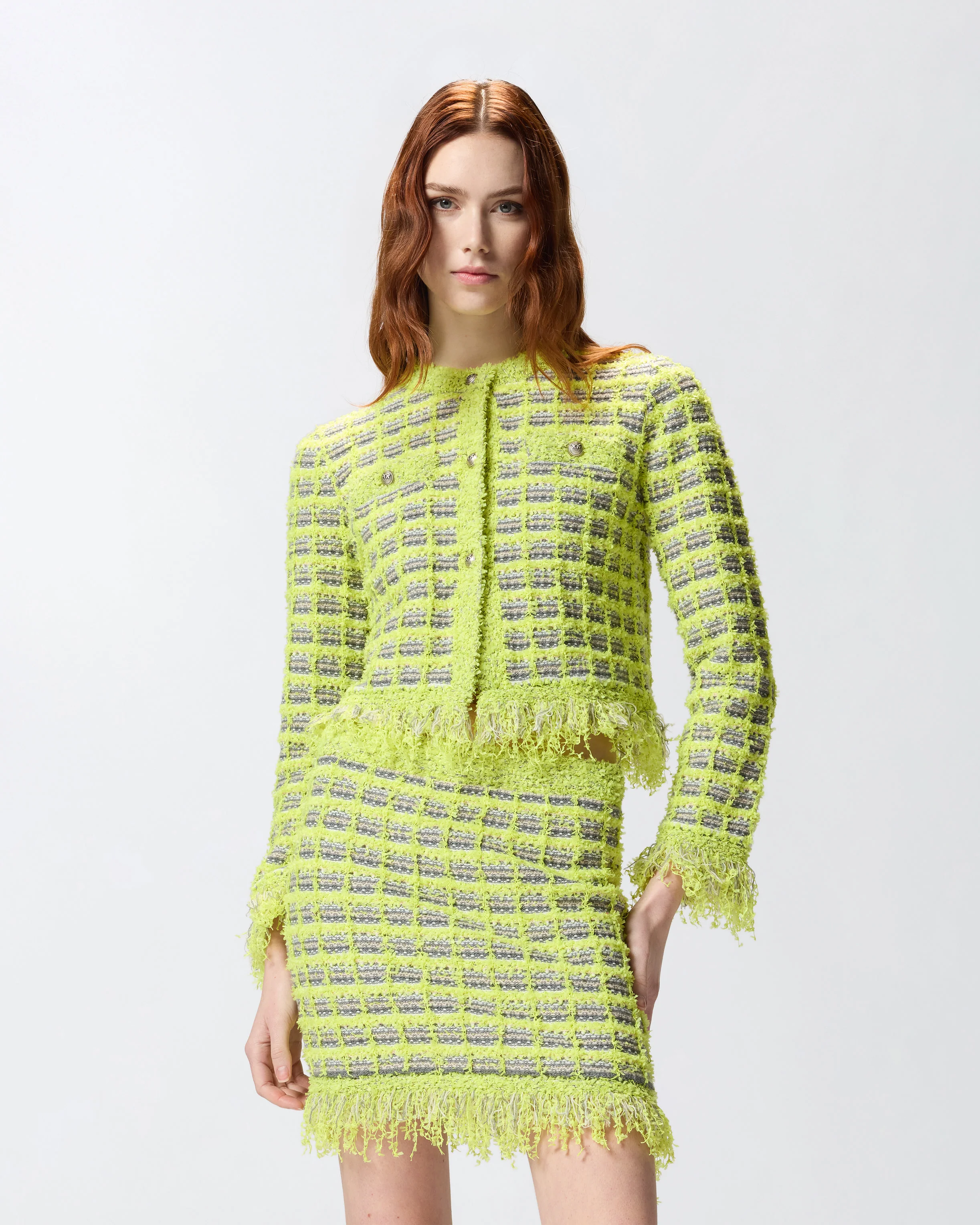 Cropped jacket in basketweave and frayed knit