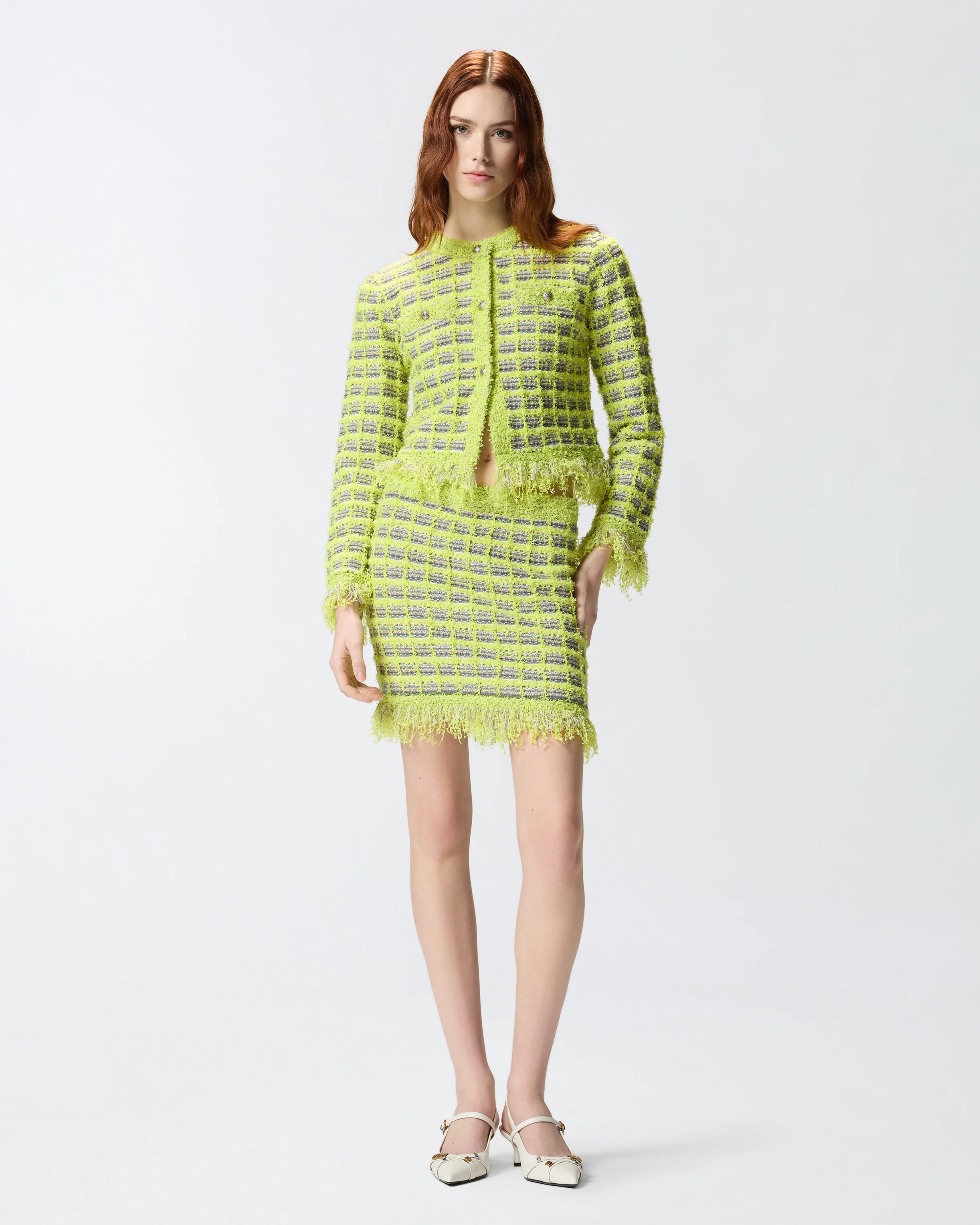 Cropped jacket in basketweave and frayed knit - Image 2