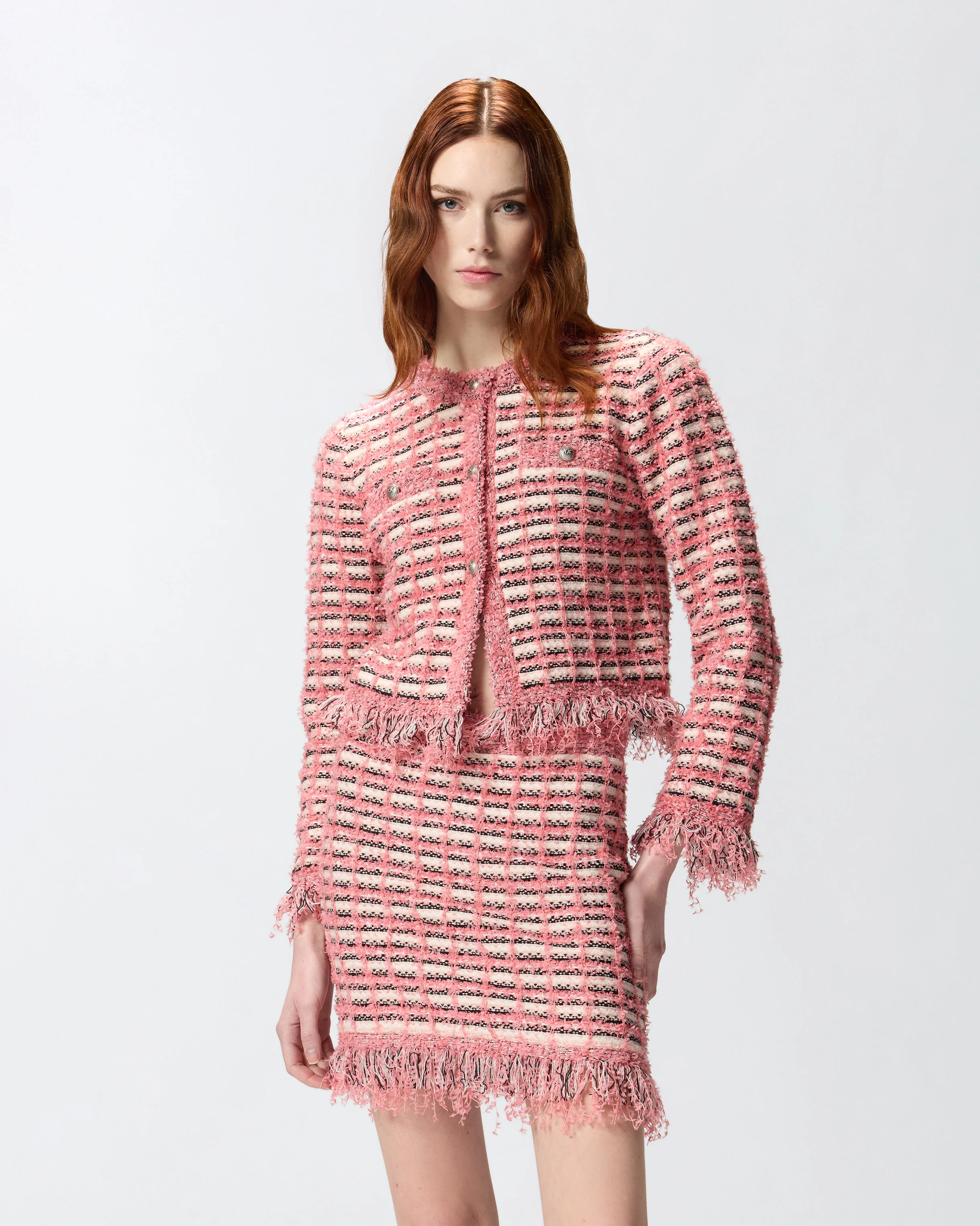 Cropped jacket in basketweave and frayed knit