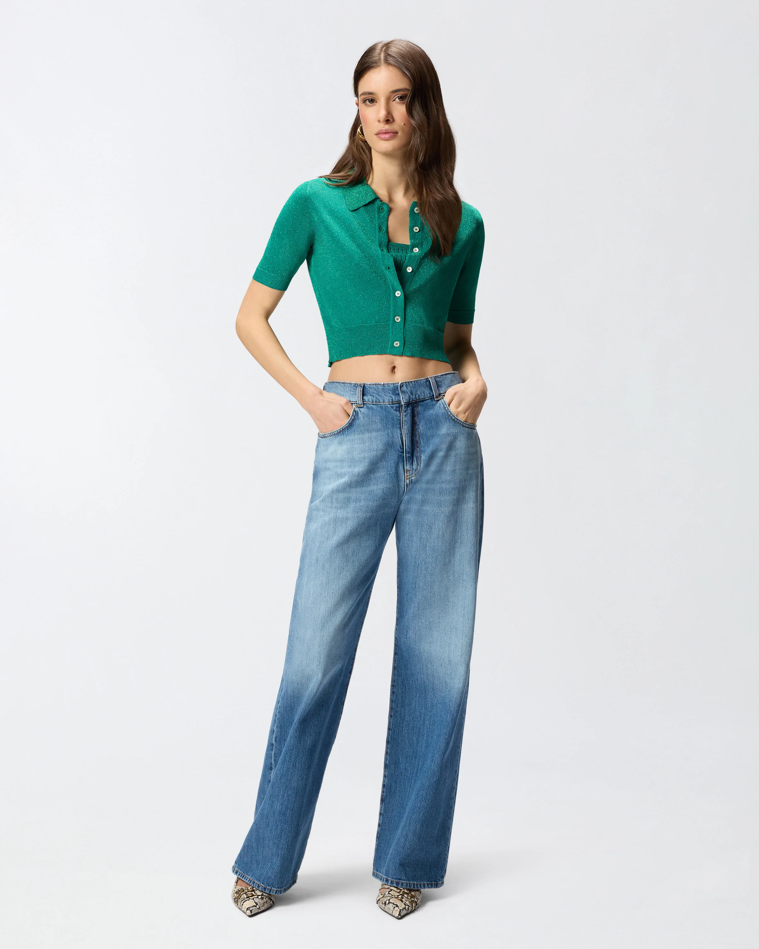 Cropped, short-sleeved cardigan with collar - Image 2