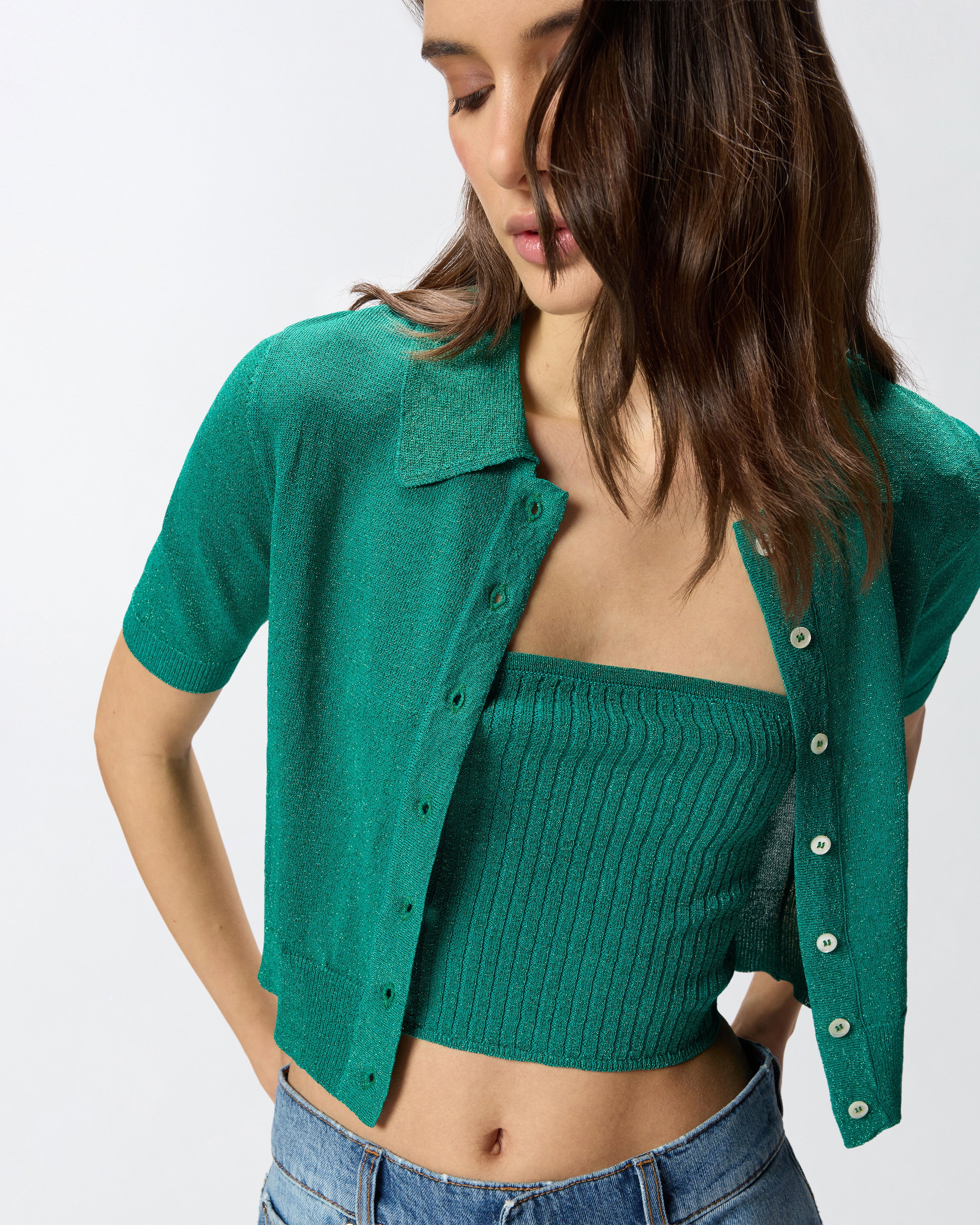Cropped, short-sleeved cardigan with collar - Image 4