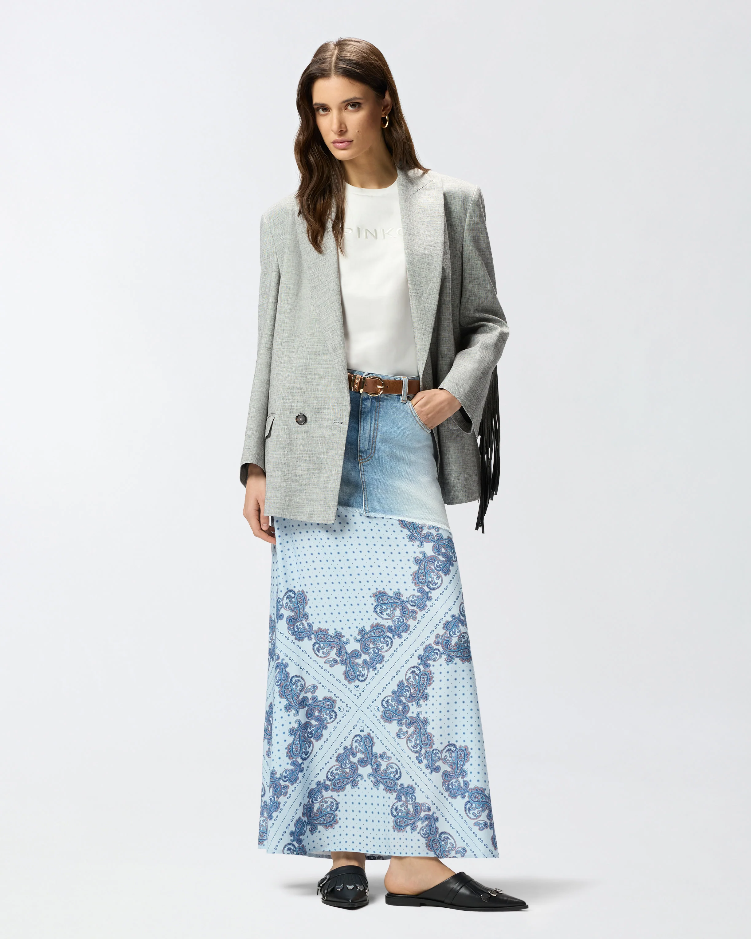 Denim midi skirt with scarf print