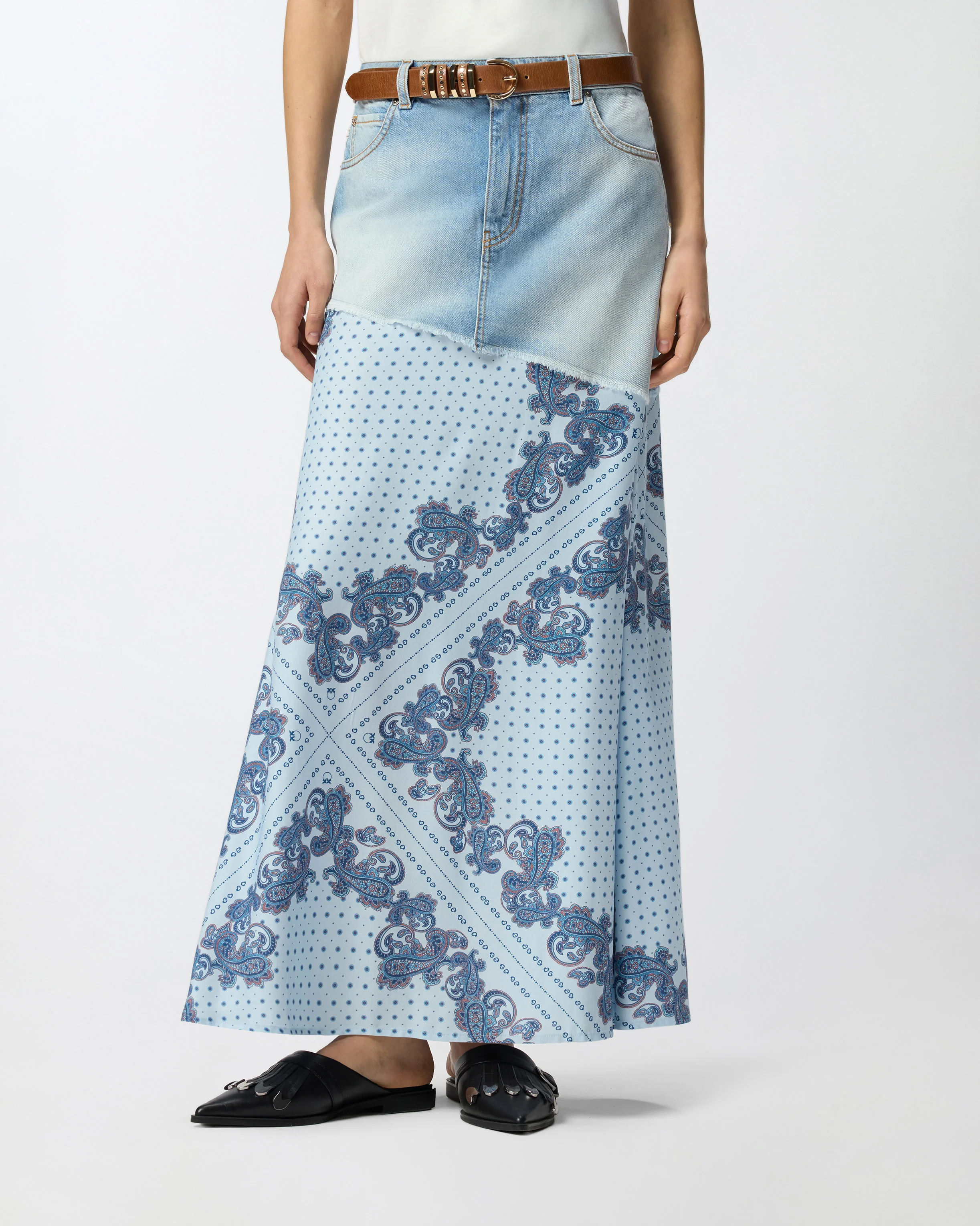 Denim midi skirt with scarf print - Image 2