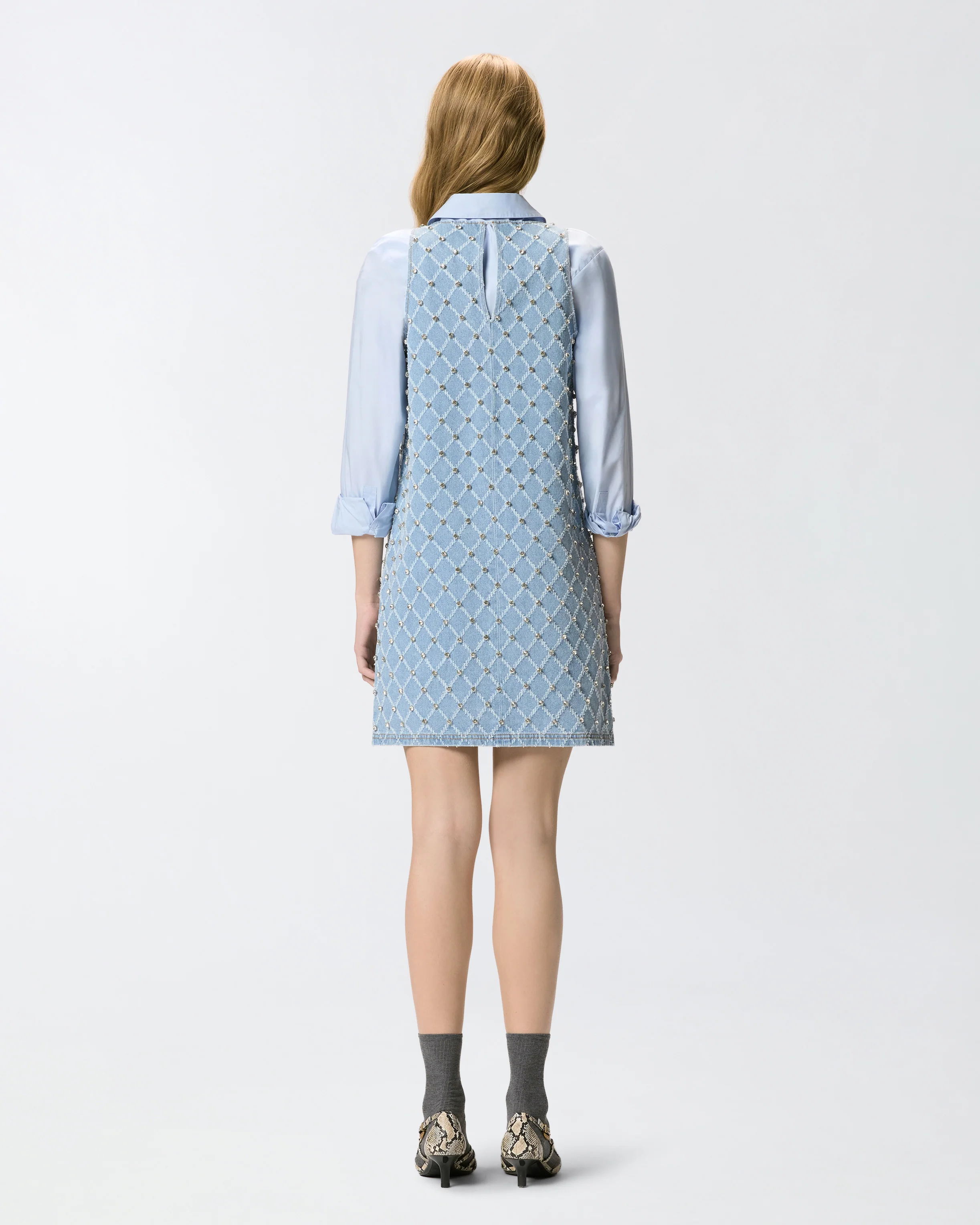 Denim mini dress with diamond and rhinestone motif - Image 3