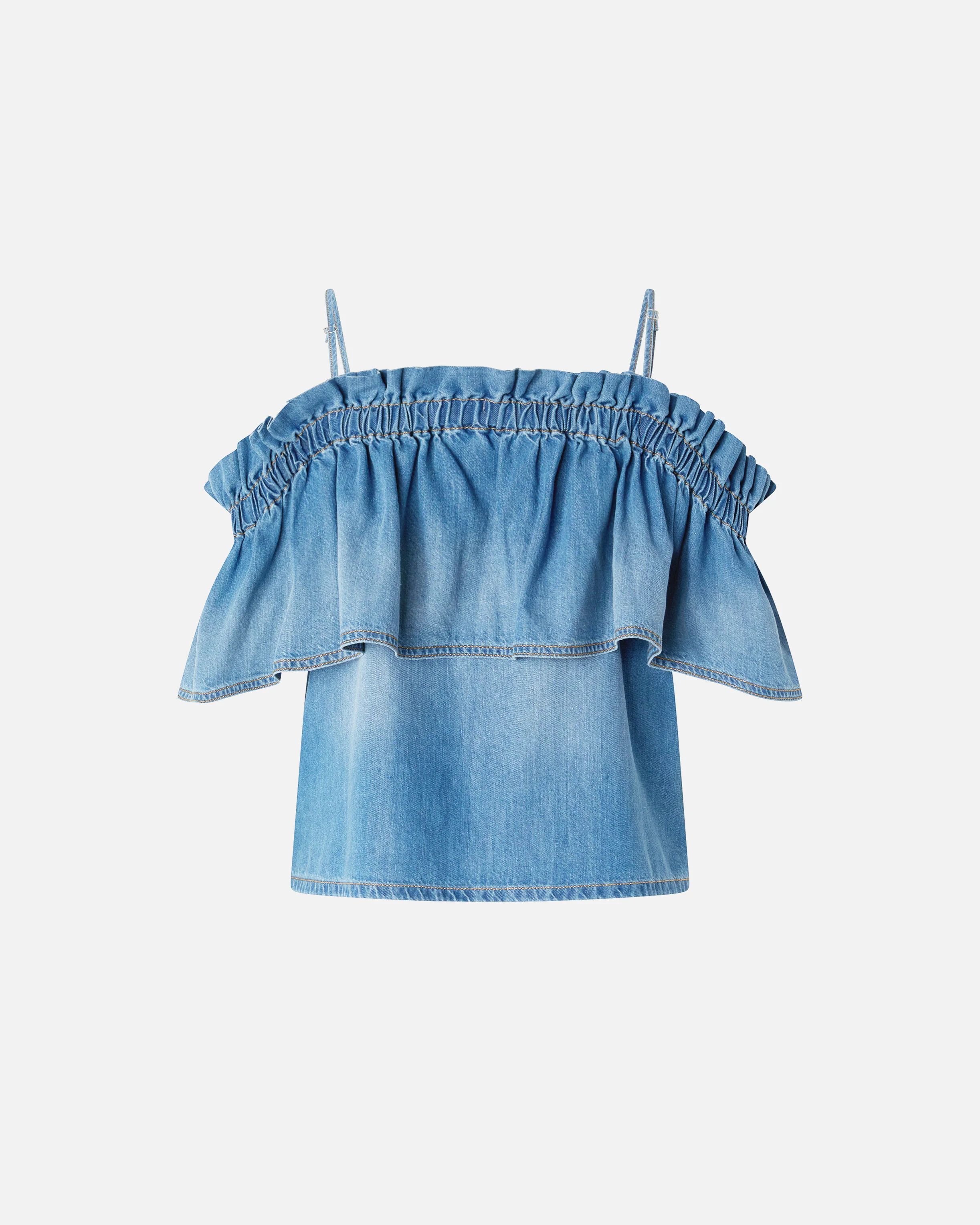 Denim top with ruffle and open shoulders - Image 6