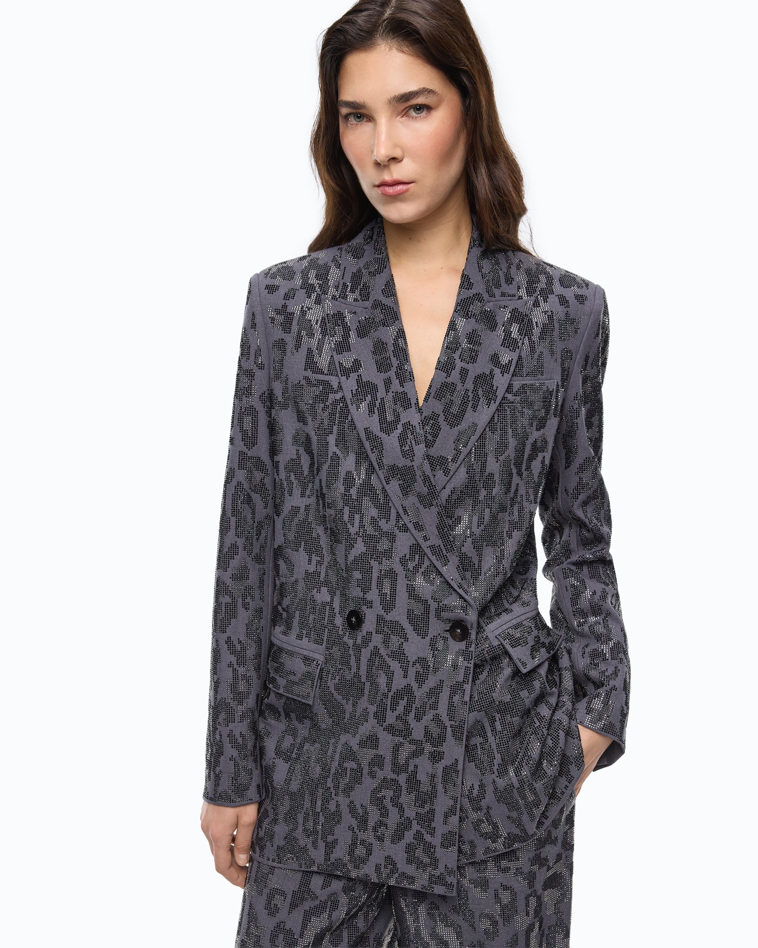 Double-breasted jacket with rhinestones and jaguar motif