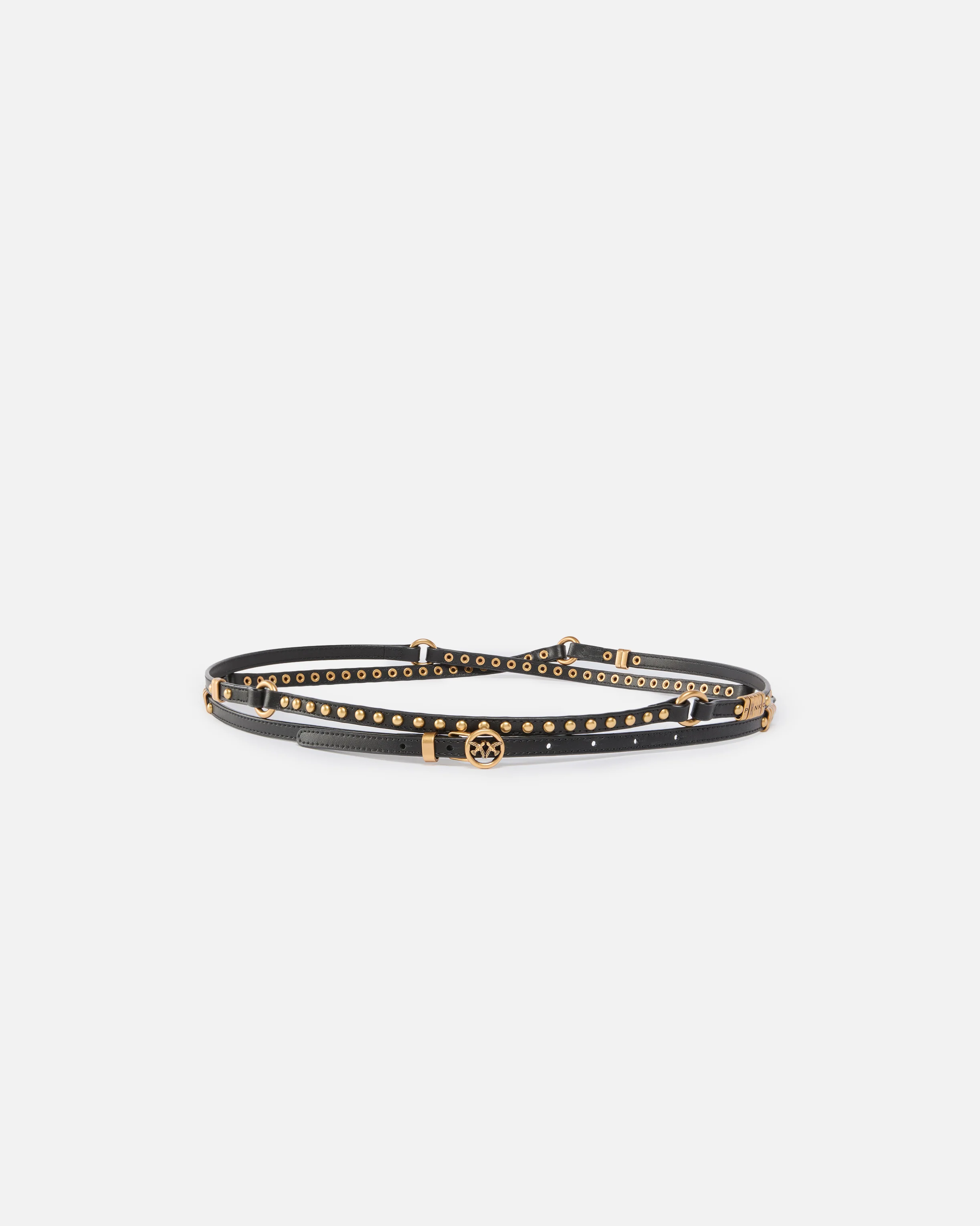 Double-wrap leather belt with studs and branded rings, 1 cm