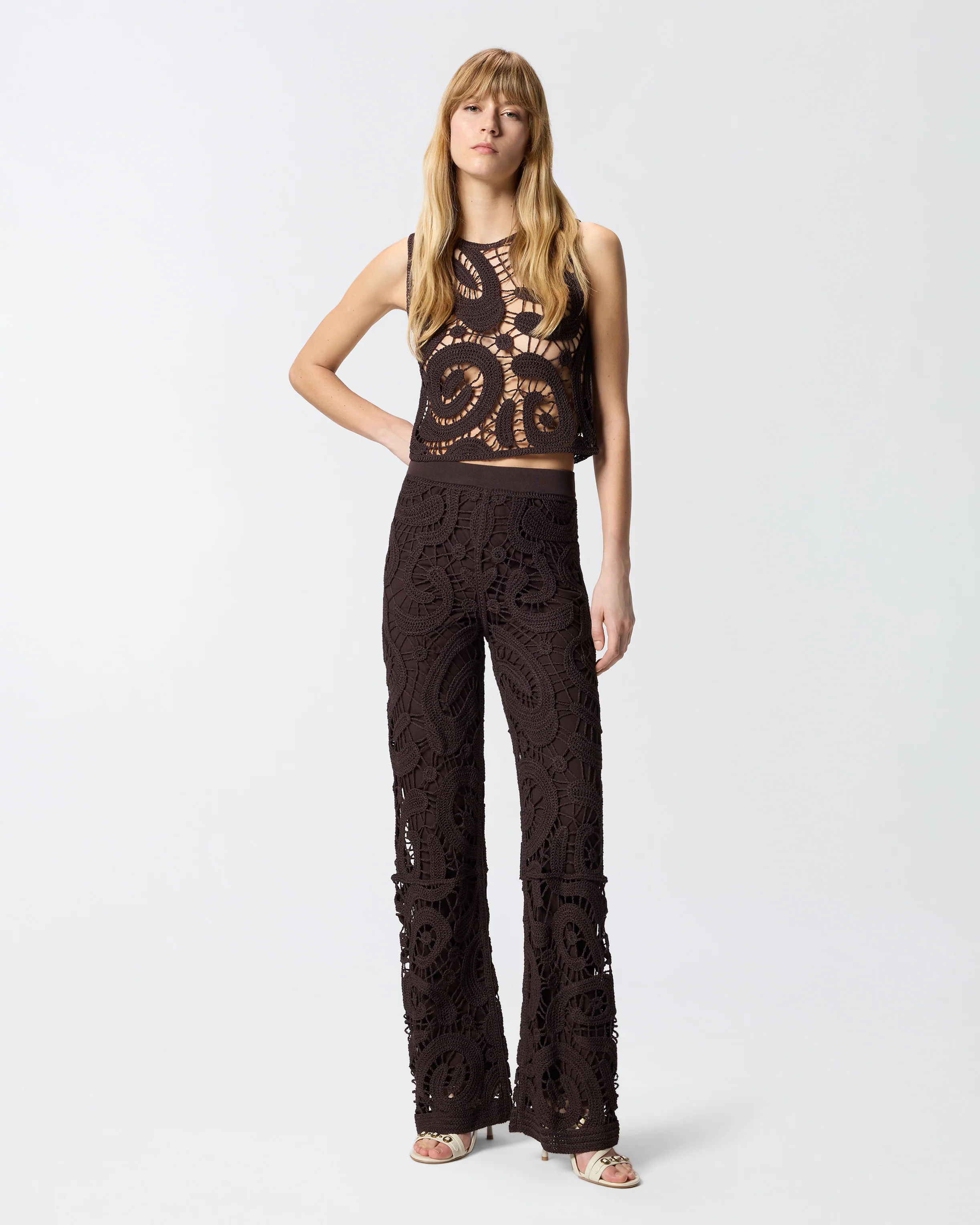 Geometric crocheted trousers