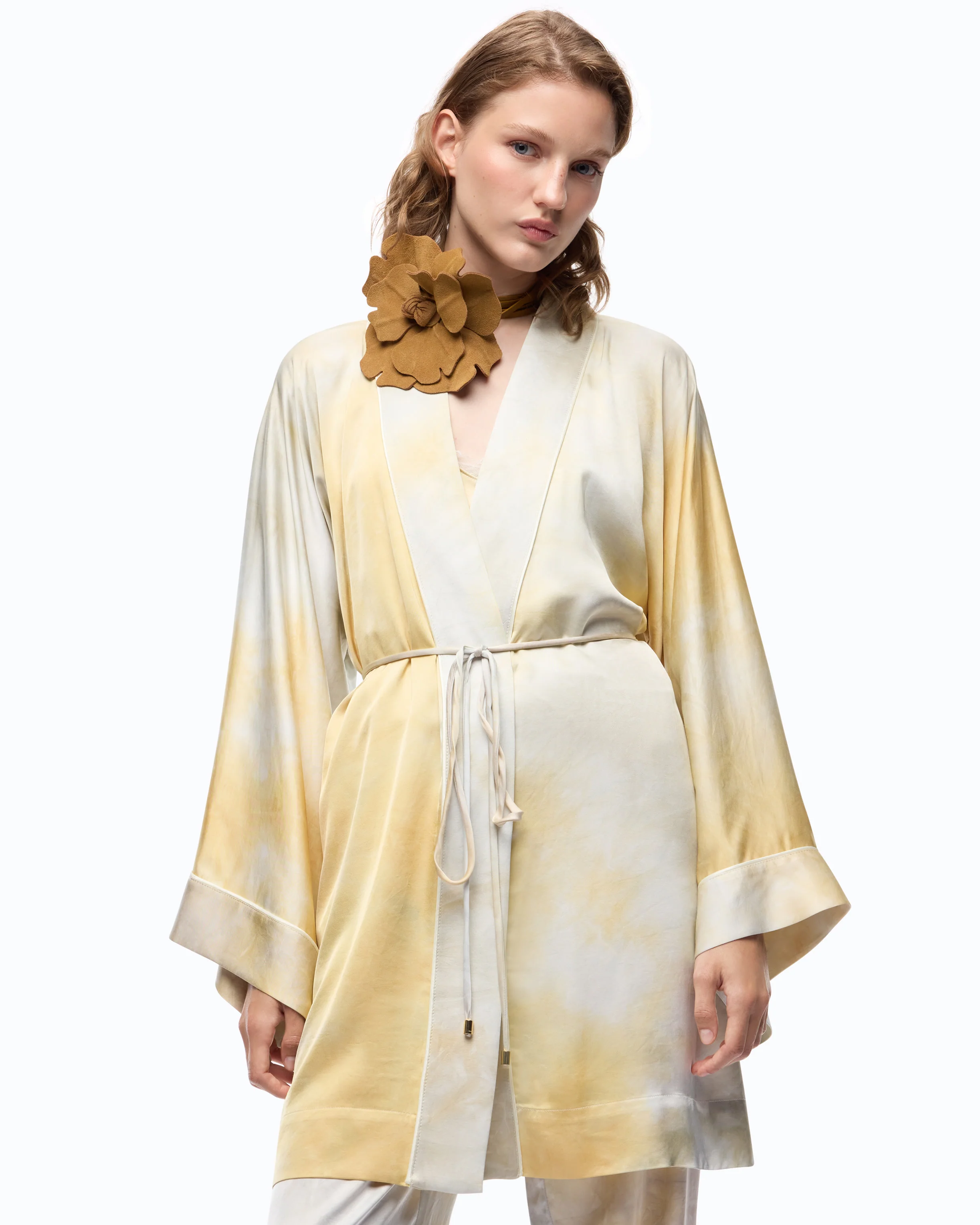 Gradient satin kimono with belt