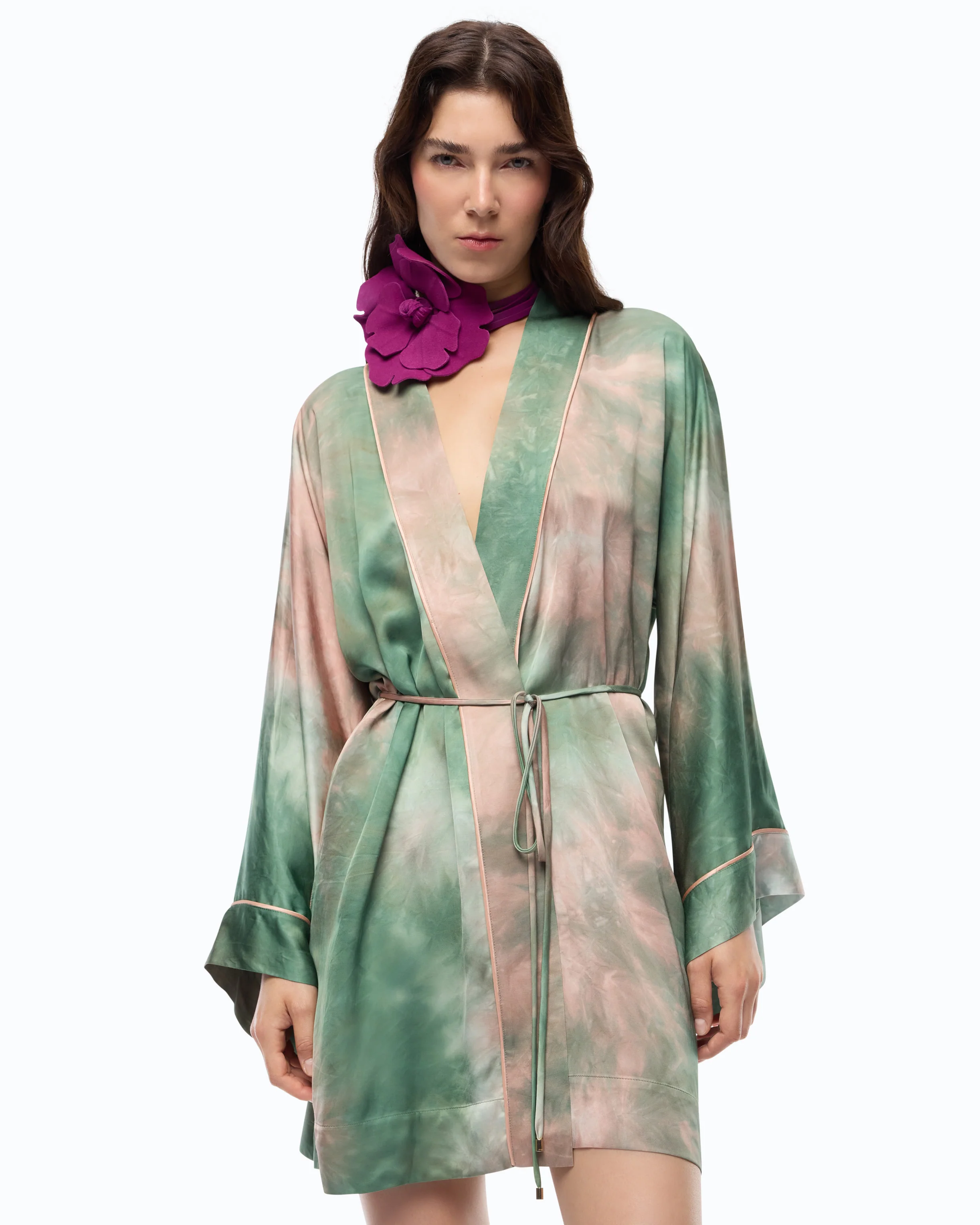 Gradient satin kimono with belt