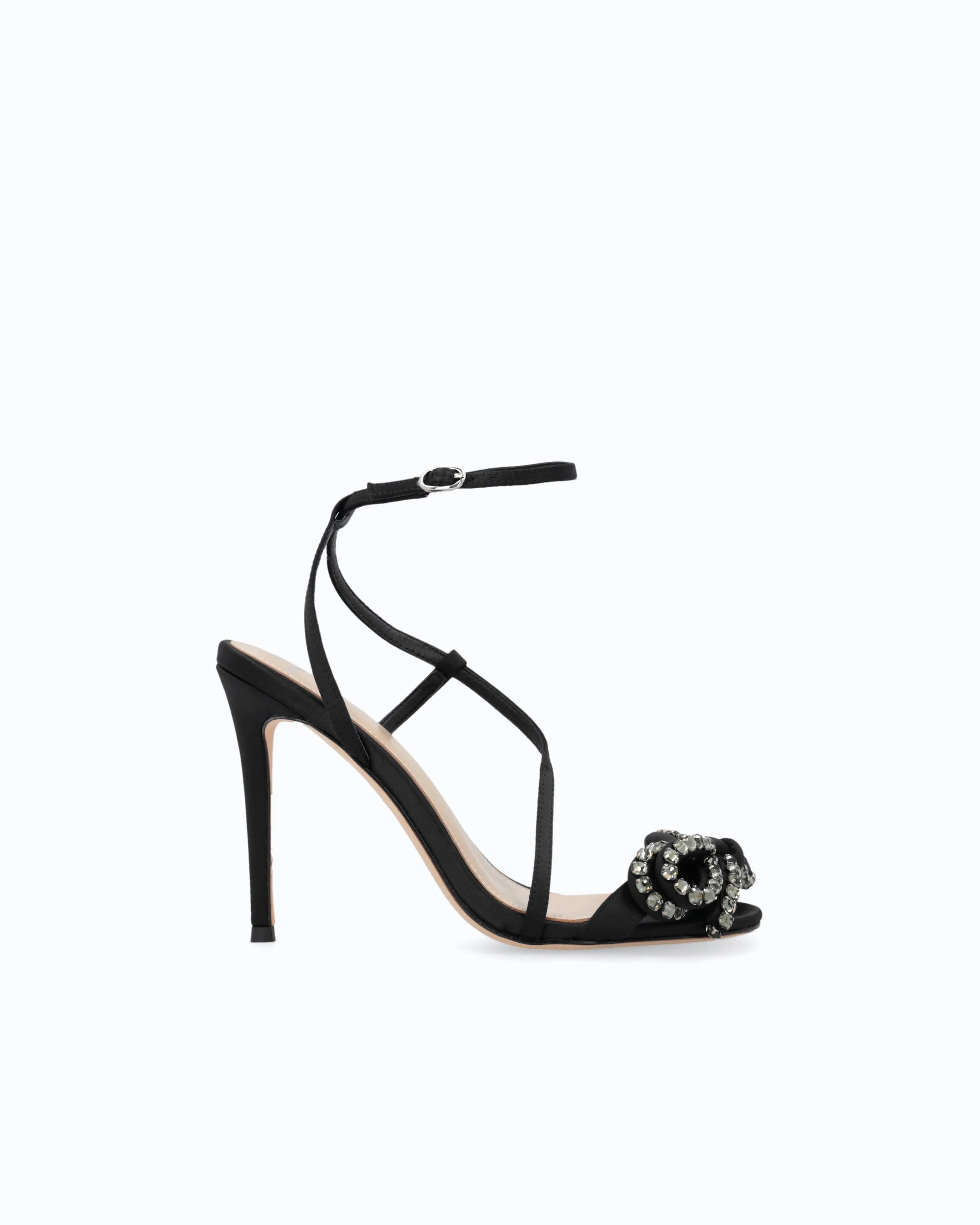 High-heeled satin sandals with bow and rhinestones
