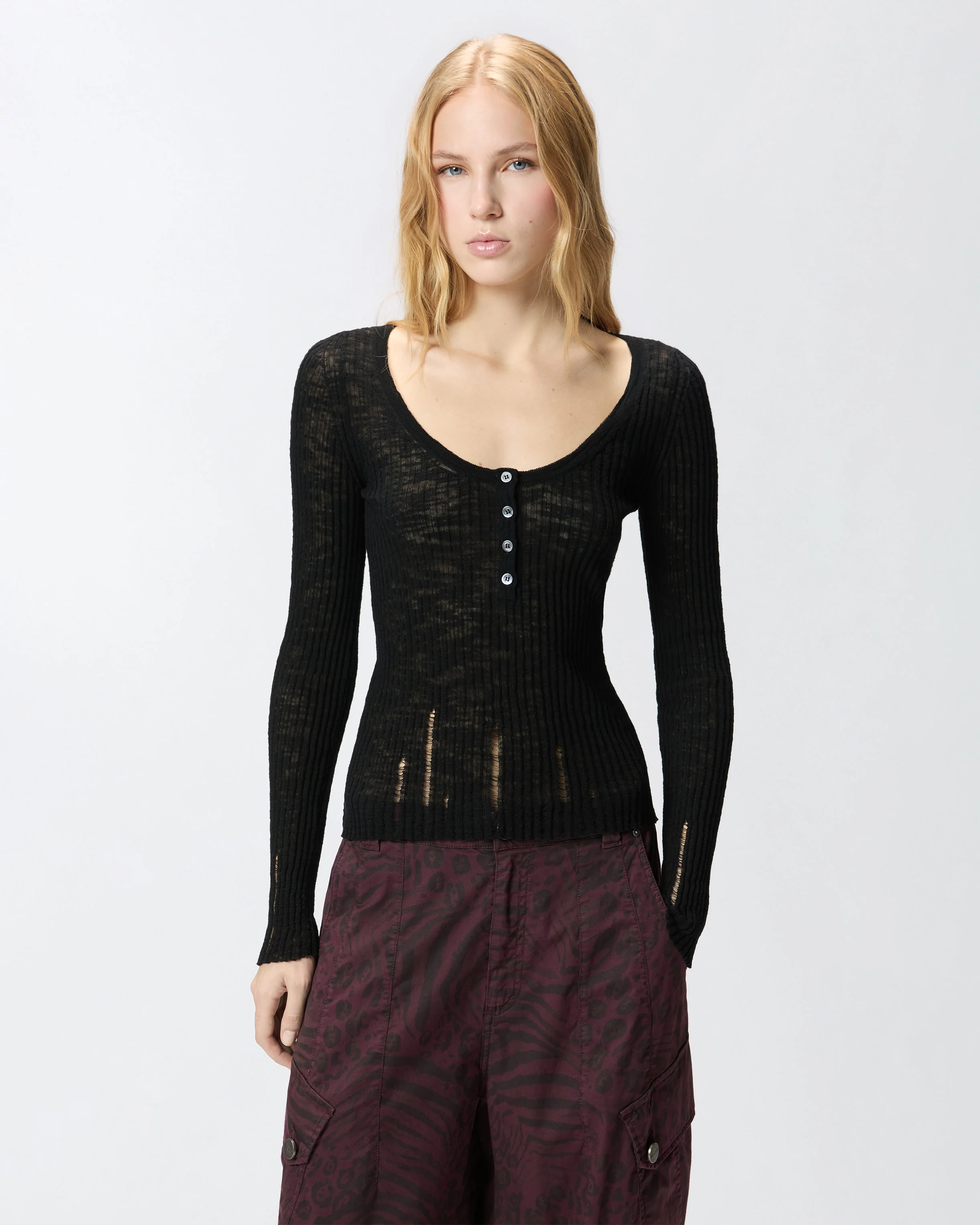 Lightweight ribbed cotton Henley sweater