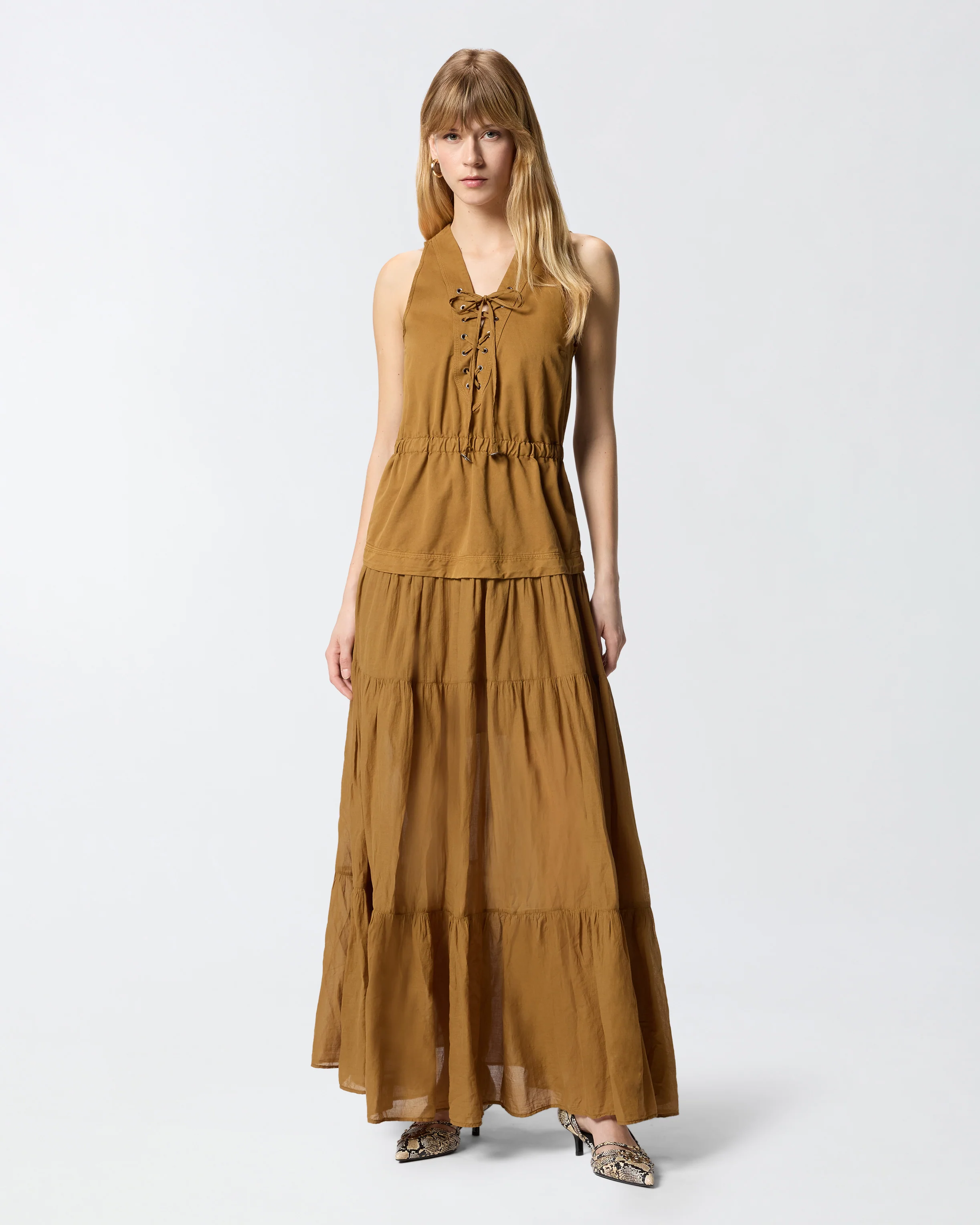 Long cotton dress with flounce and ribbons - Image 2