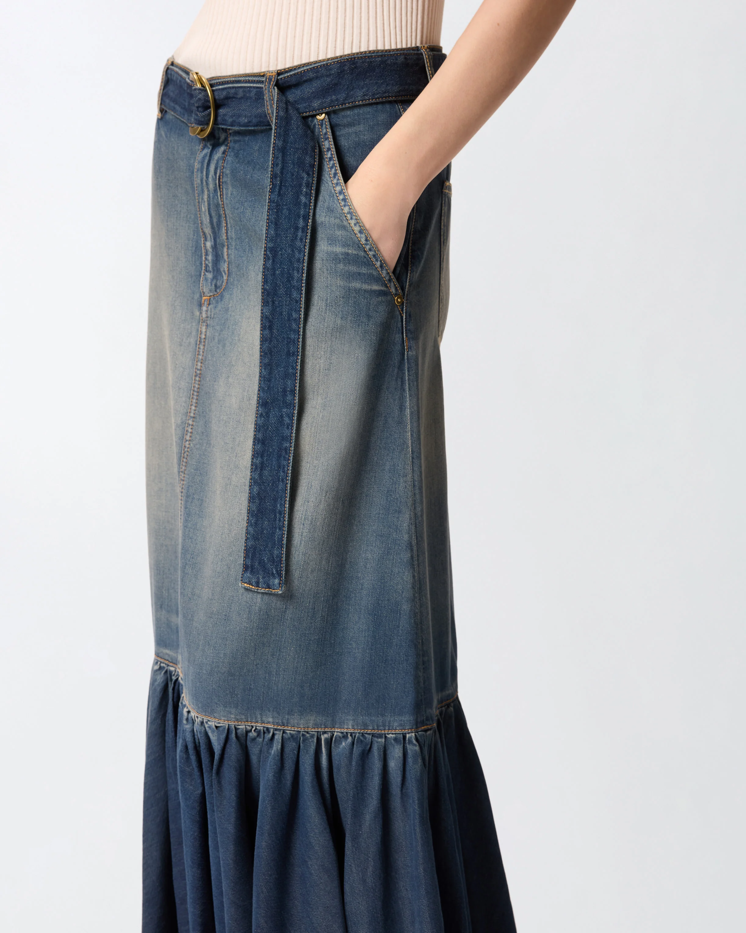 Long denim skirt with flounce and belt - Image 4