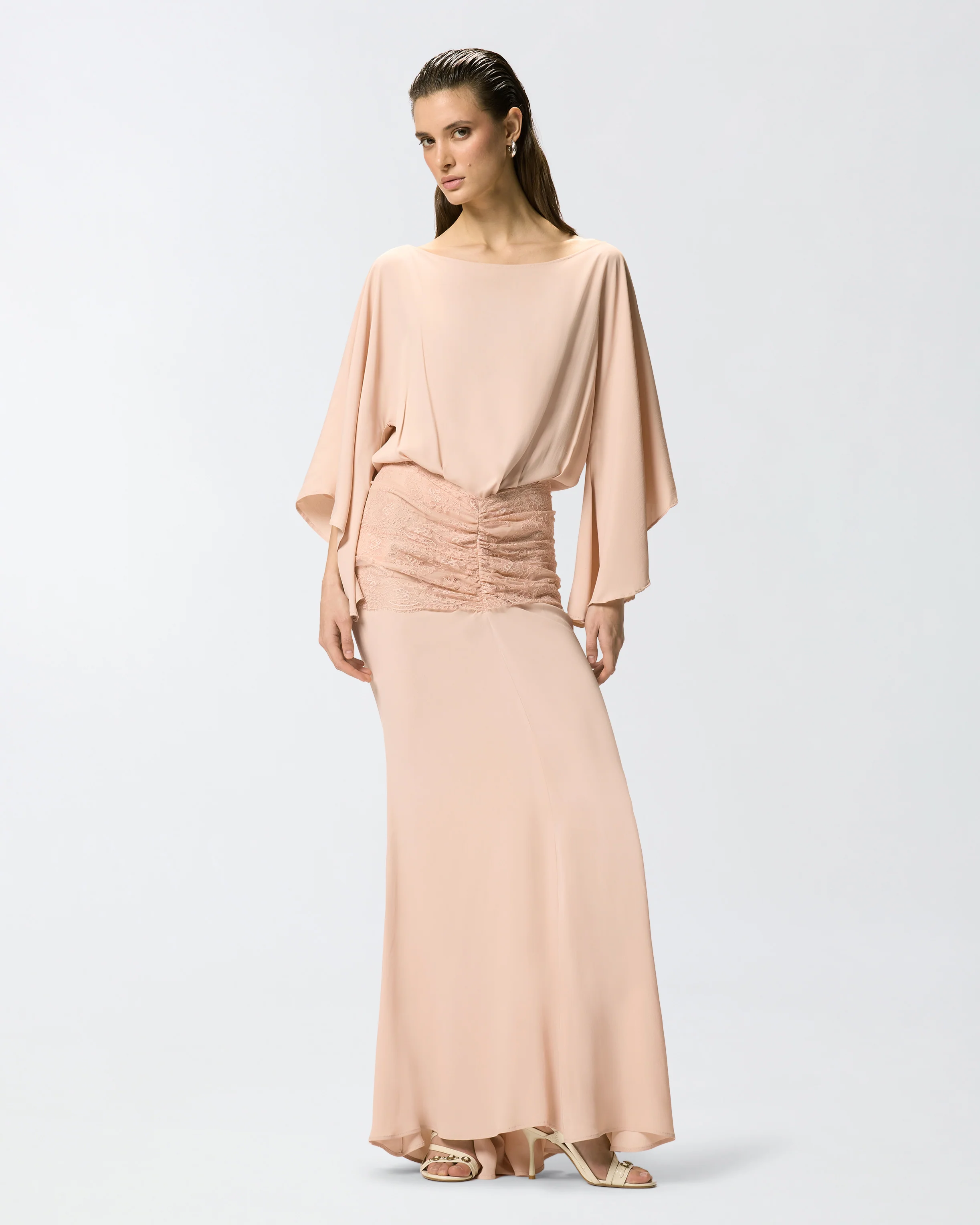 Long dress with draping and lace - Image 2