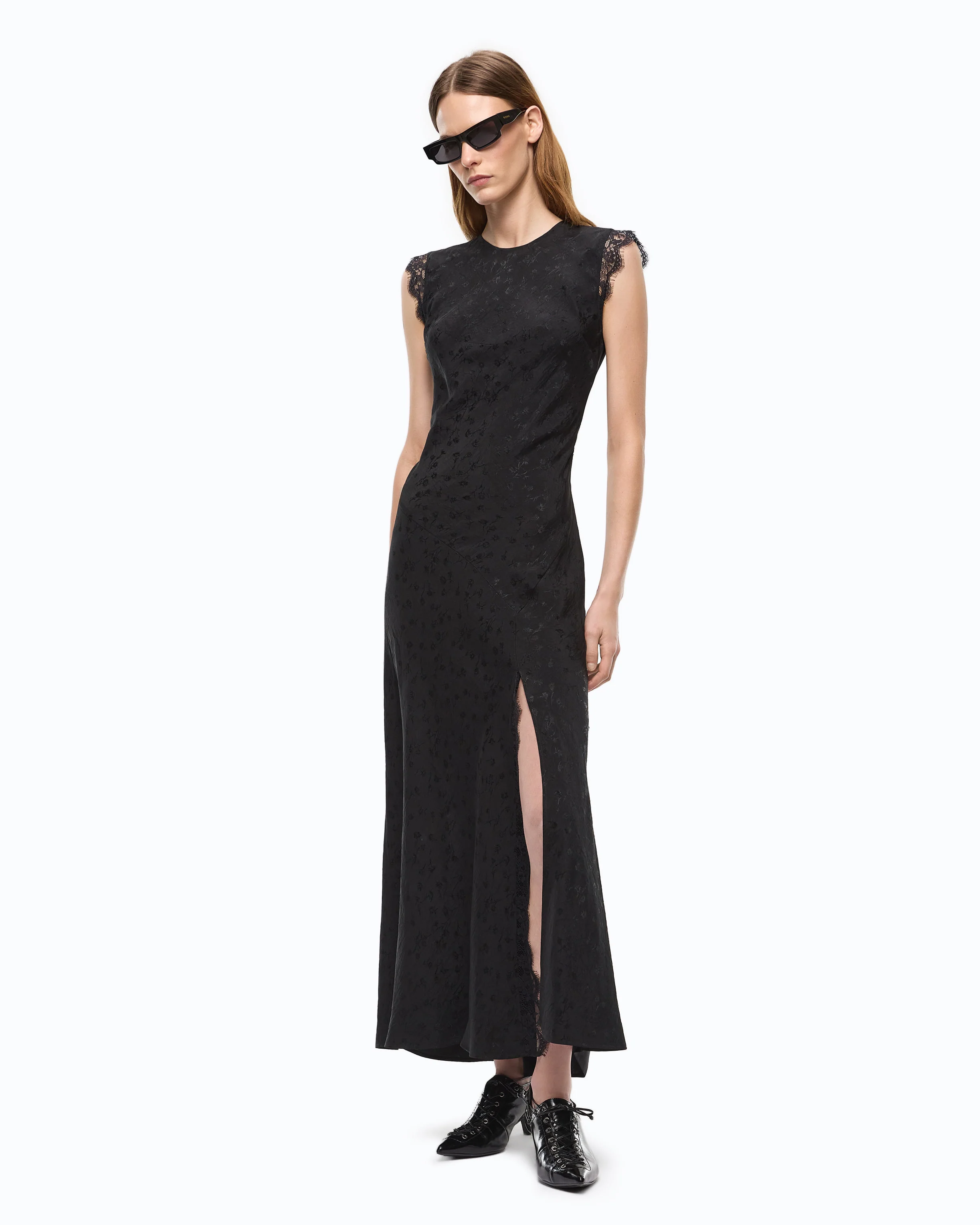Long dress with slit and lace inserts