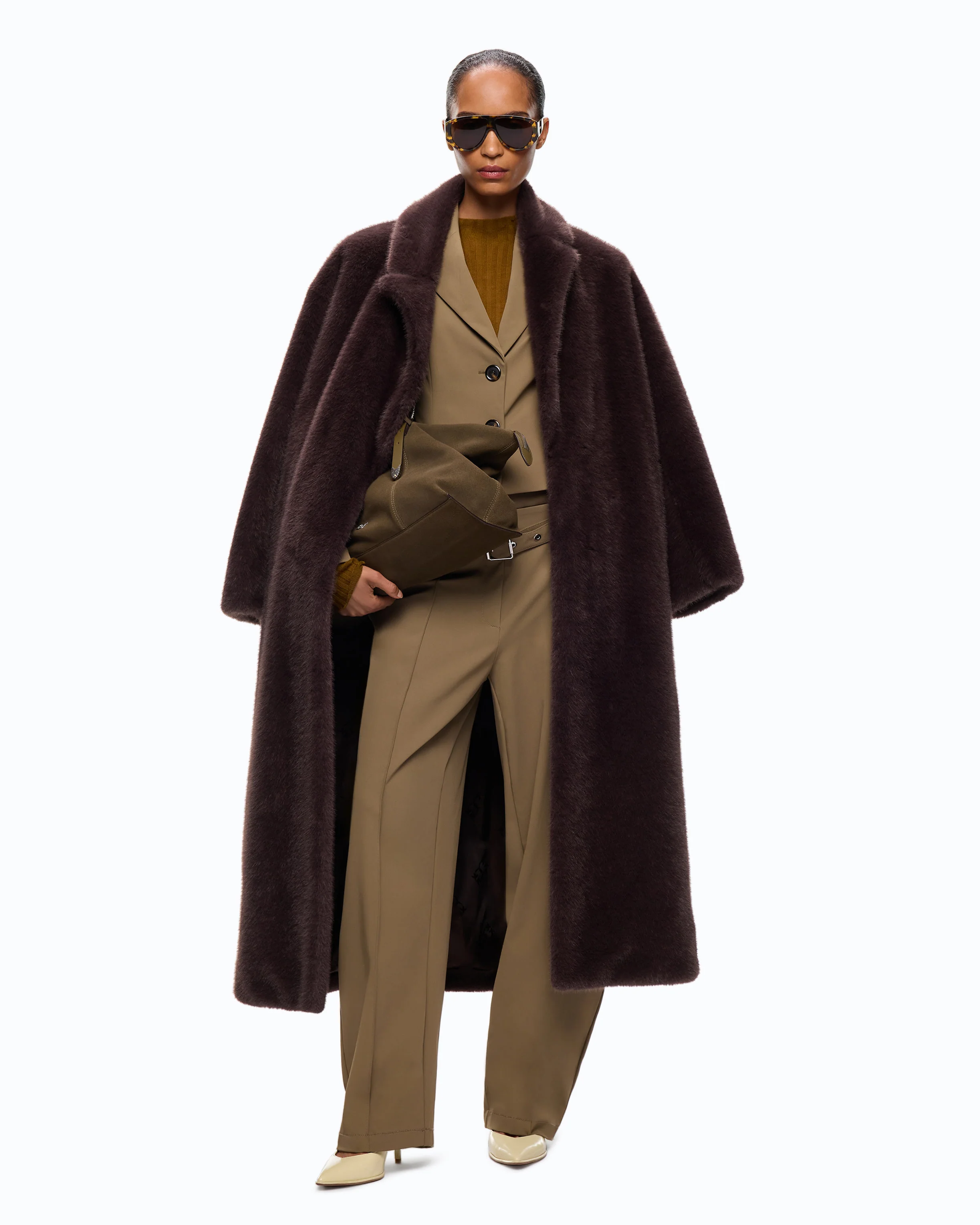 Long faux fur coat with belt