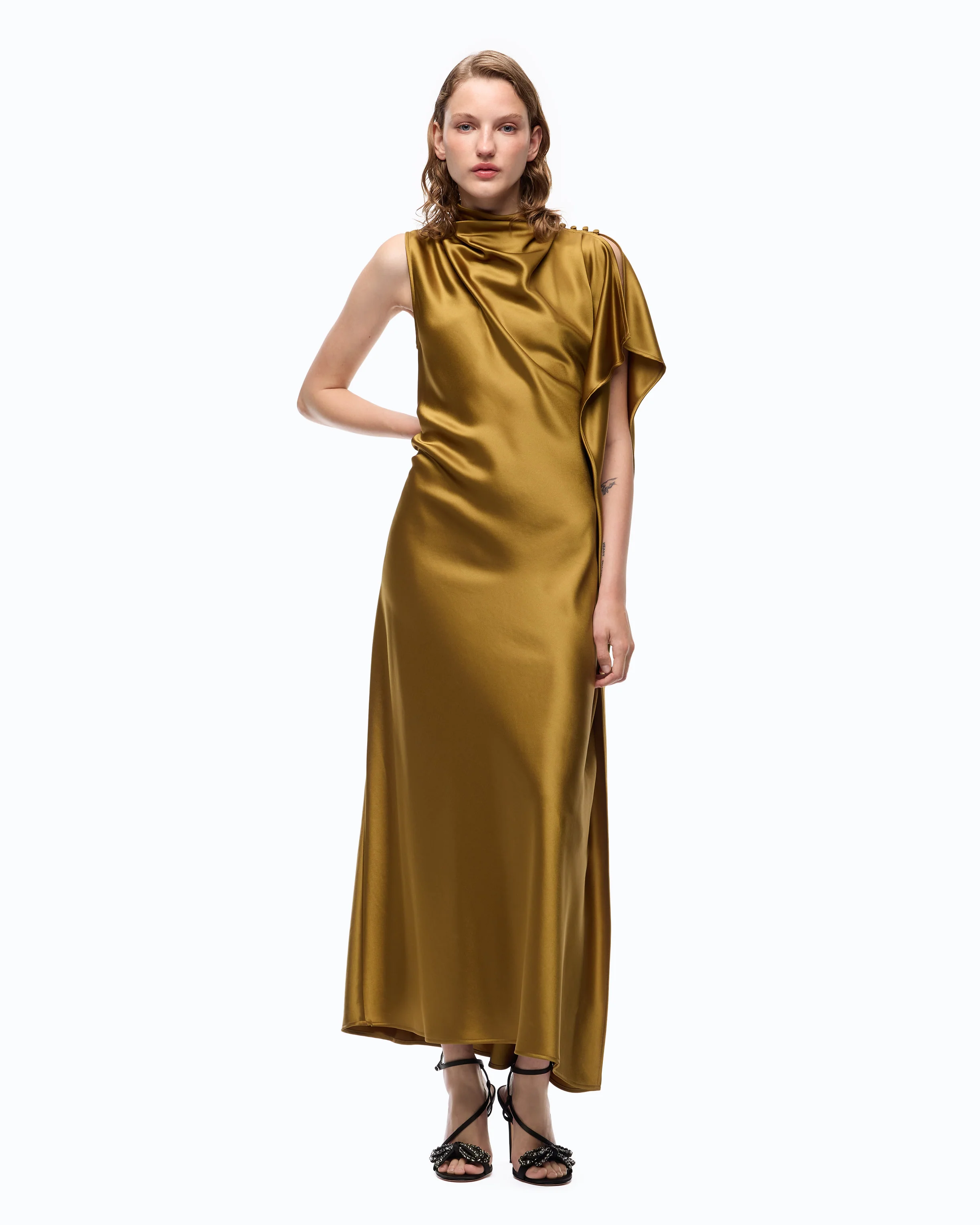 Long, one-shoulder satin dress