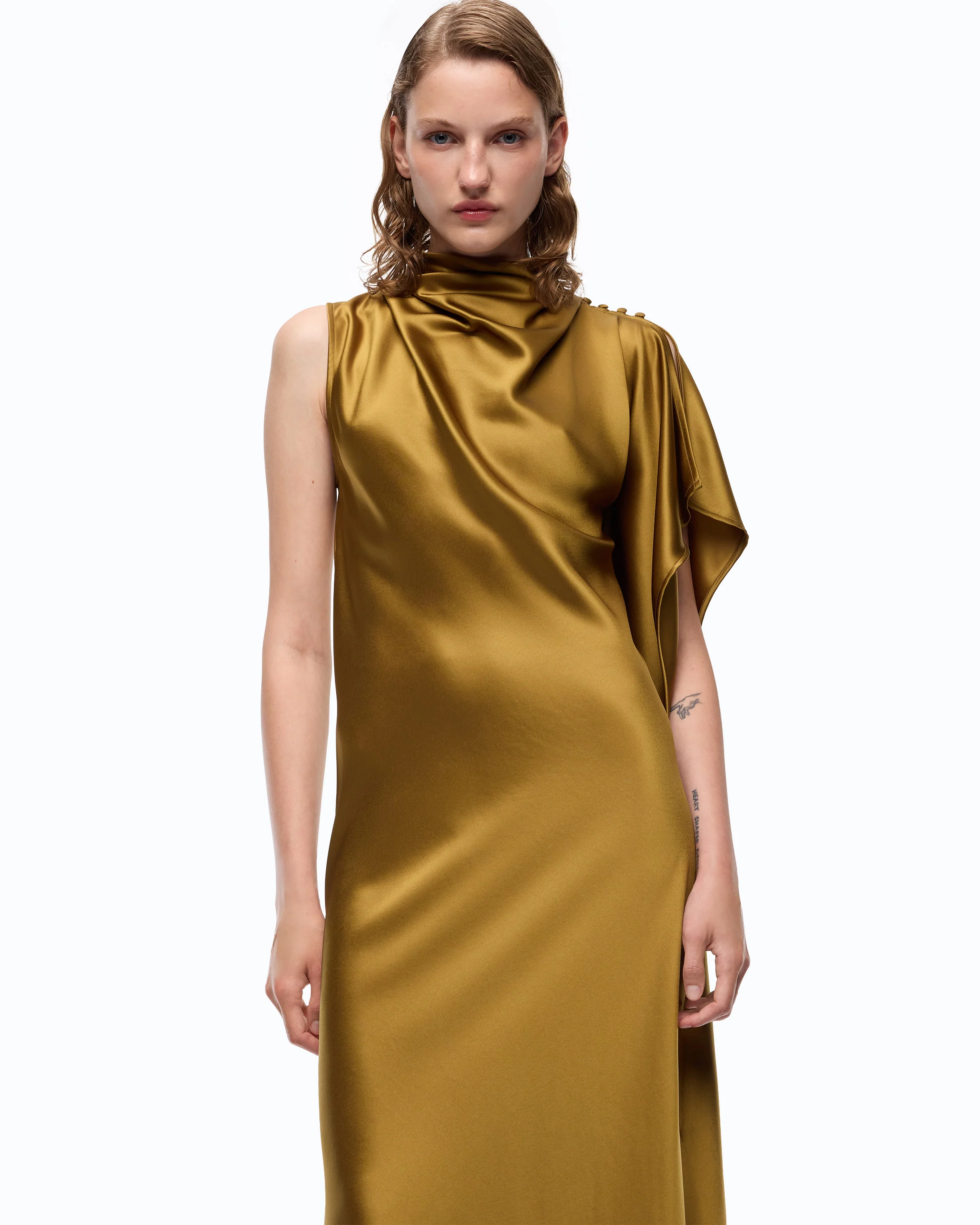 Long, one-shoulder satin dress - Image 2