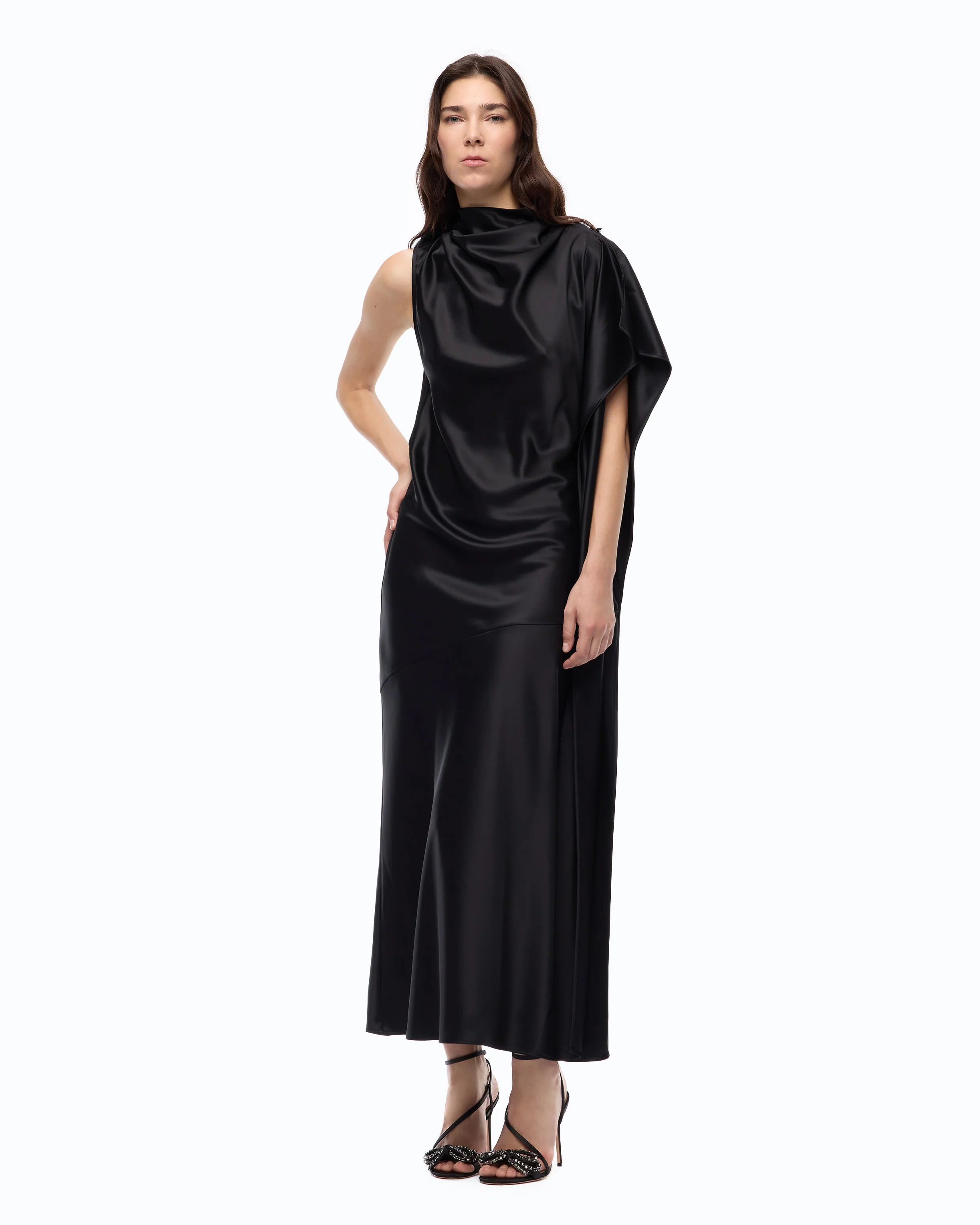 Long, one-shoulder satin dress