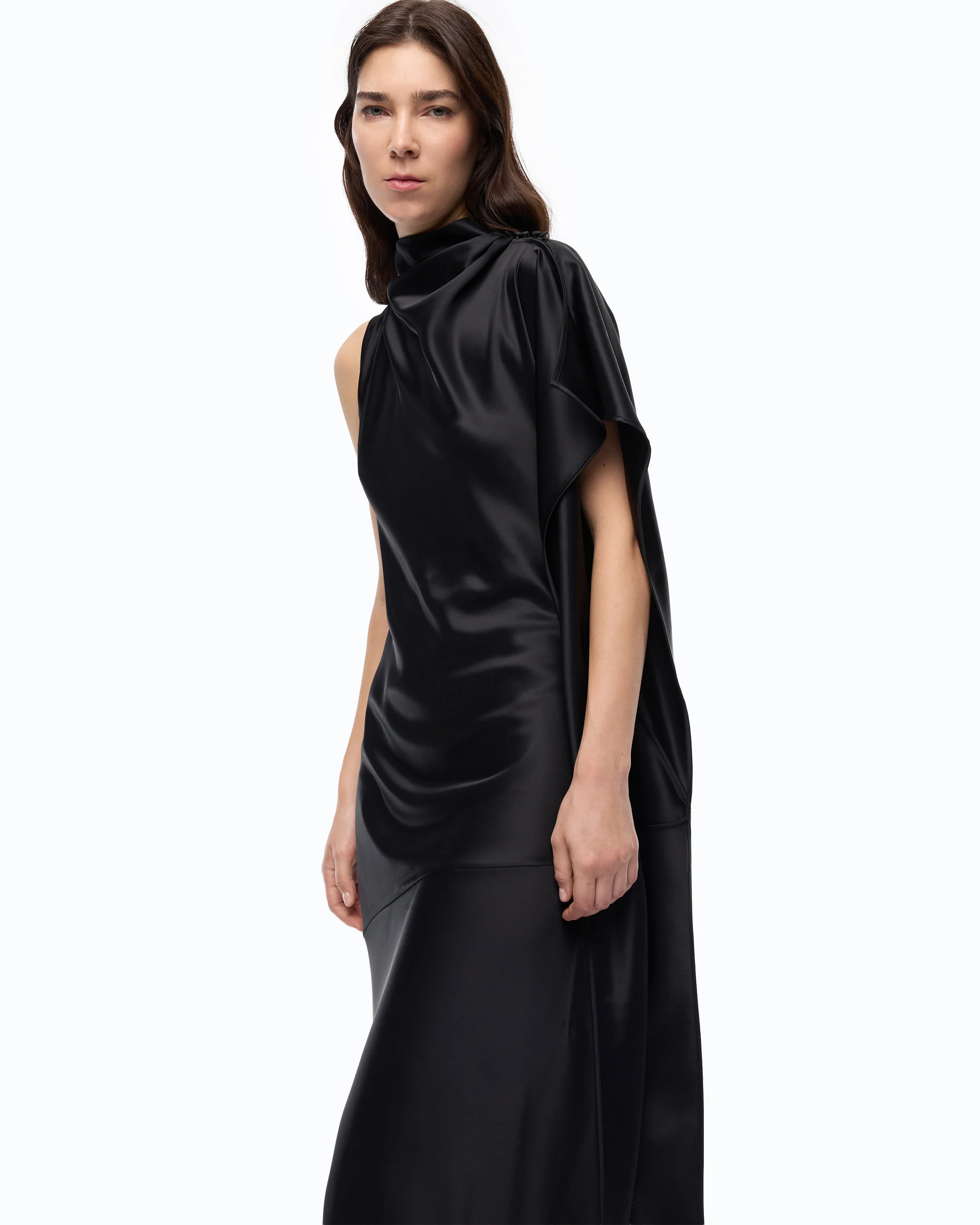 Long, one-shoulder satin dress - Image 3