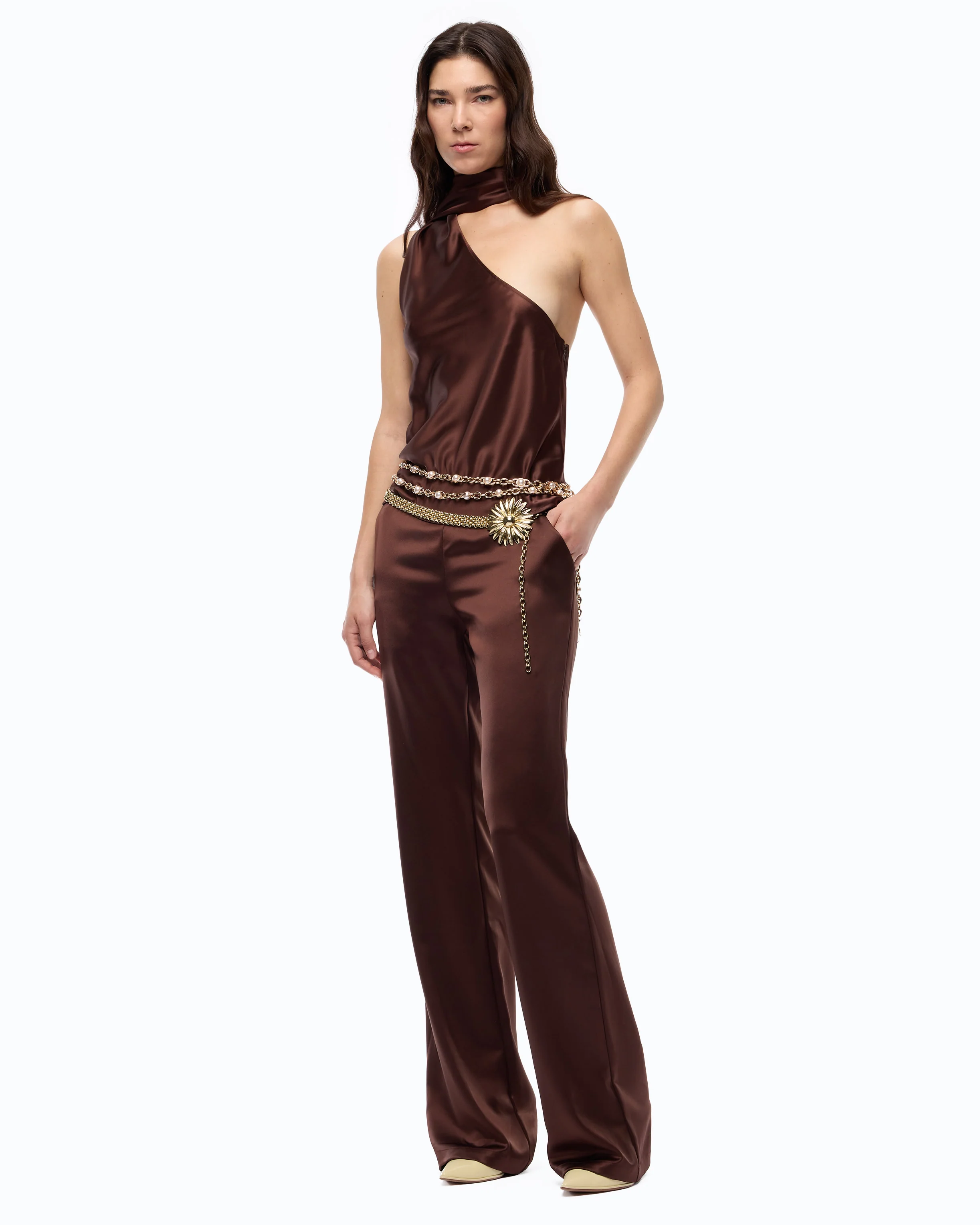 Long satin jumpsuit with sash