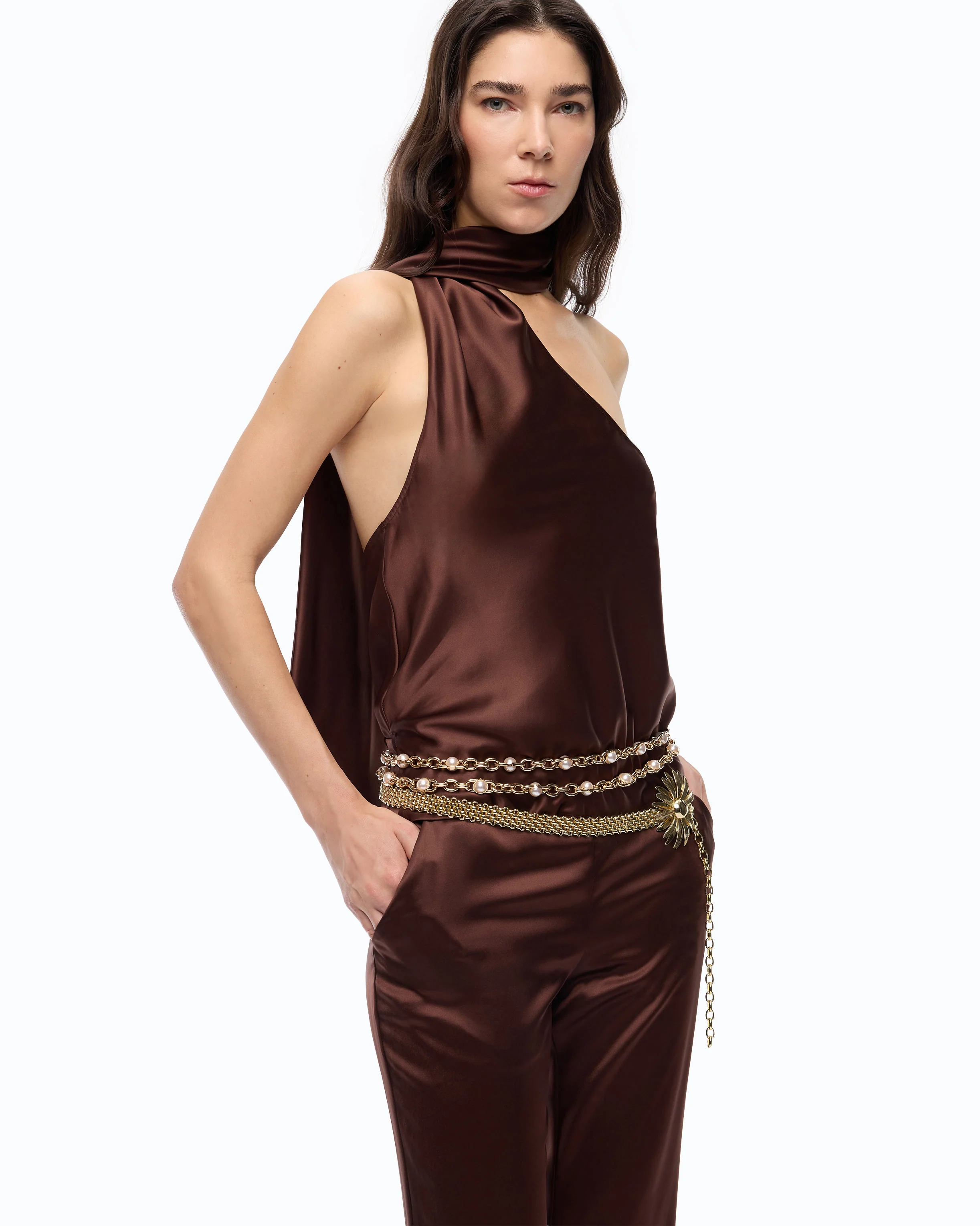 Long satin jumpsuit with sash - Image 2