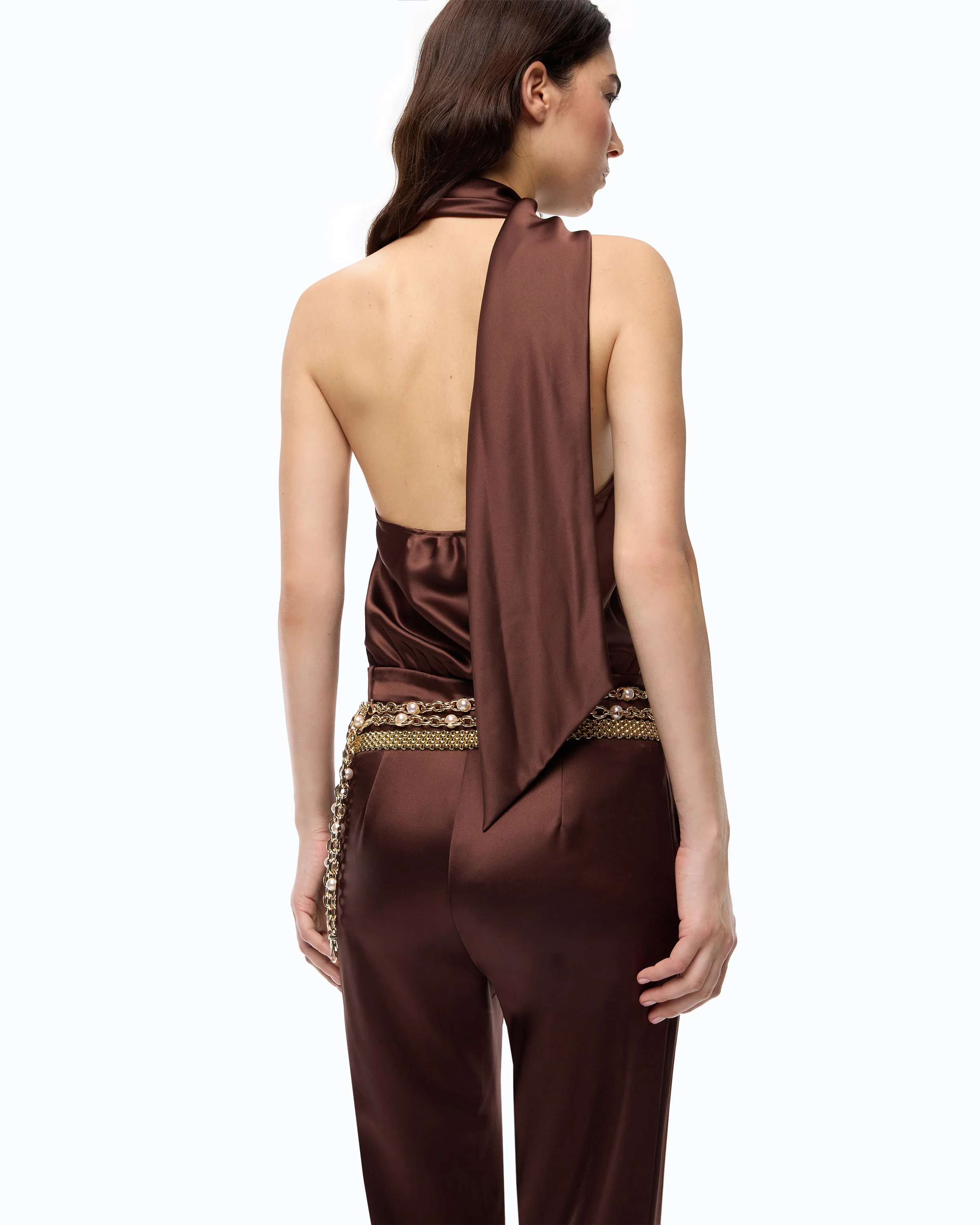 Long satin jumpsuit with sash - Image 3