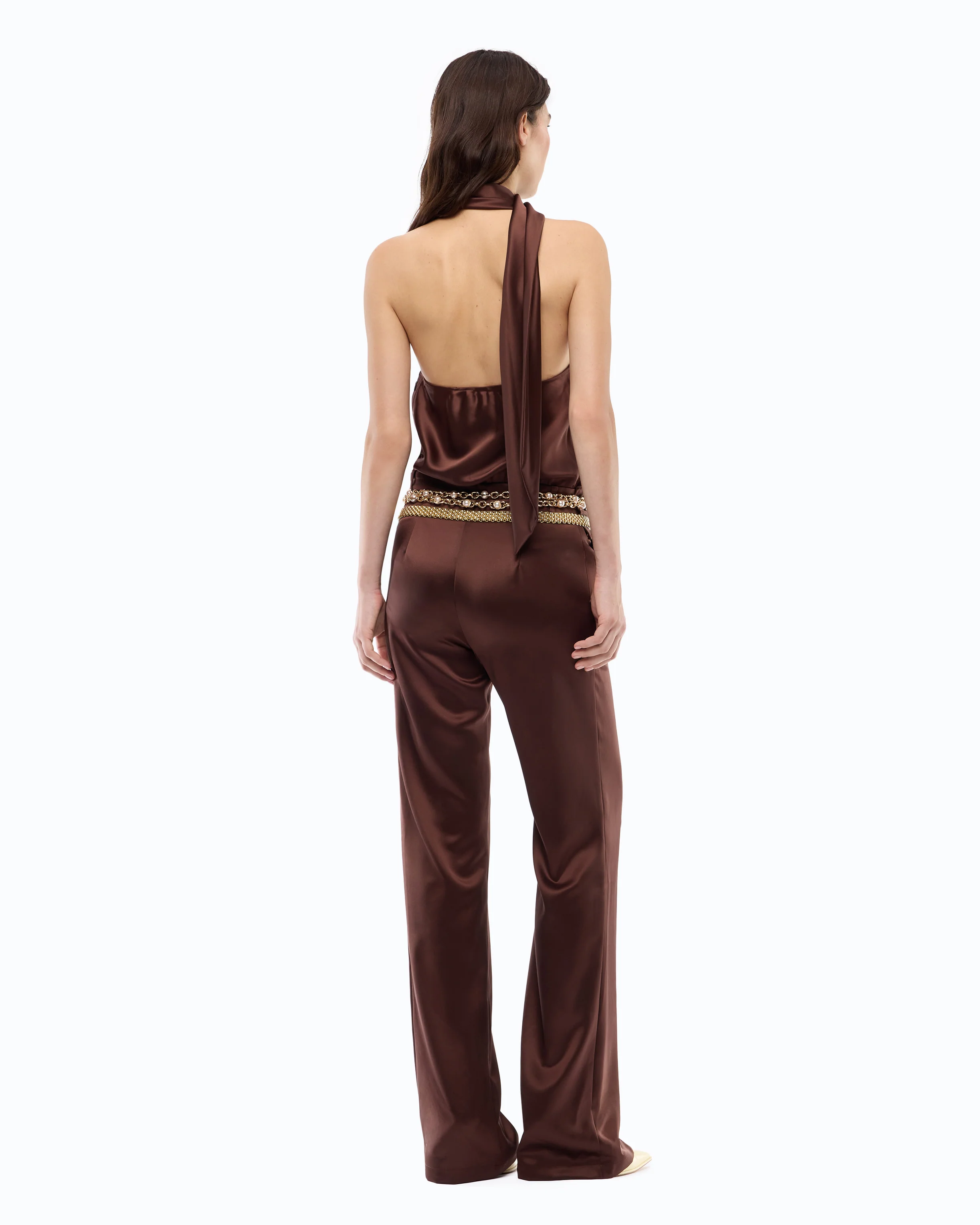 Long satin jumpsuit with sash - Image 4