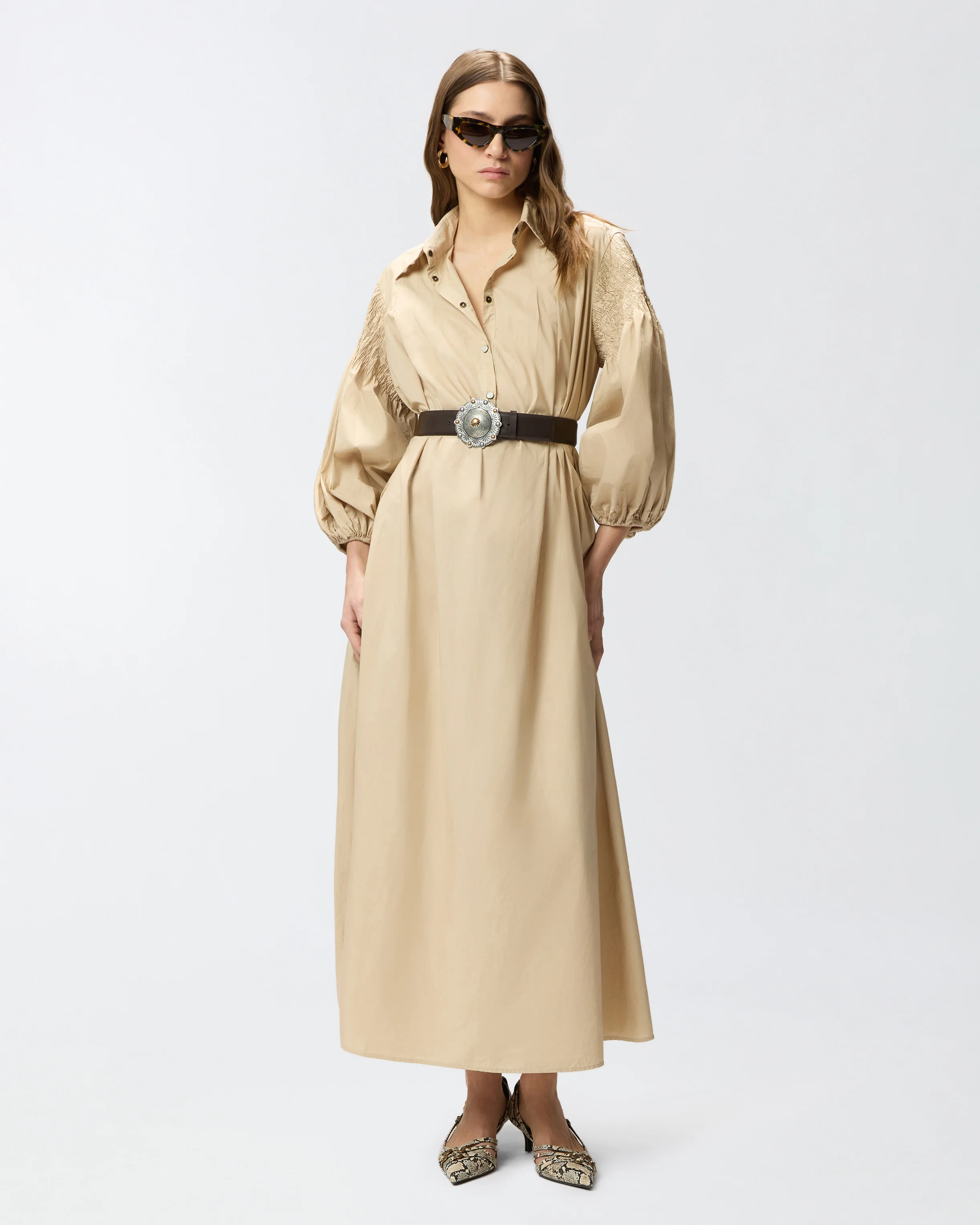 Long shirt dress in cotton with belt