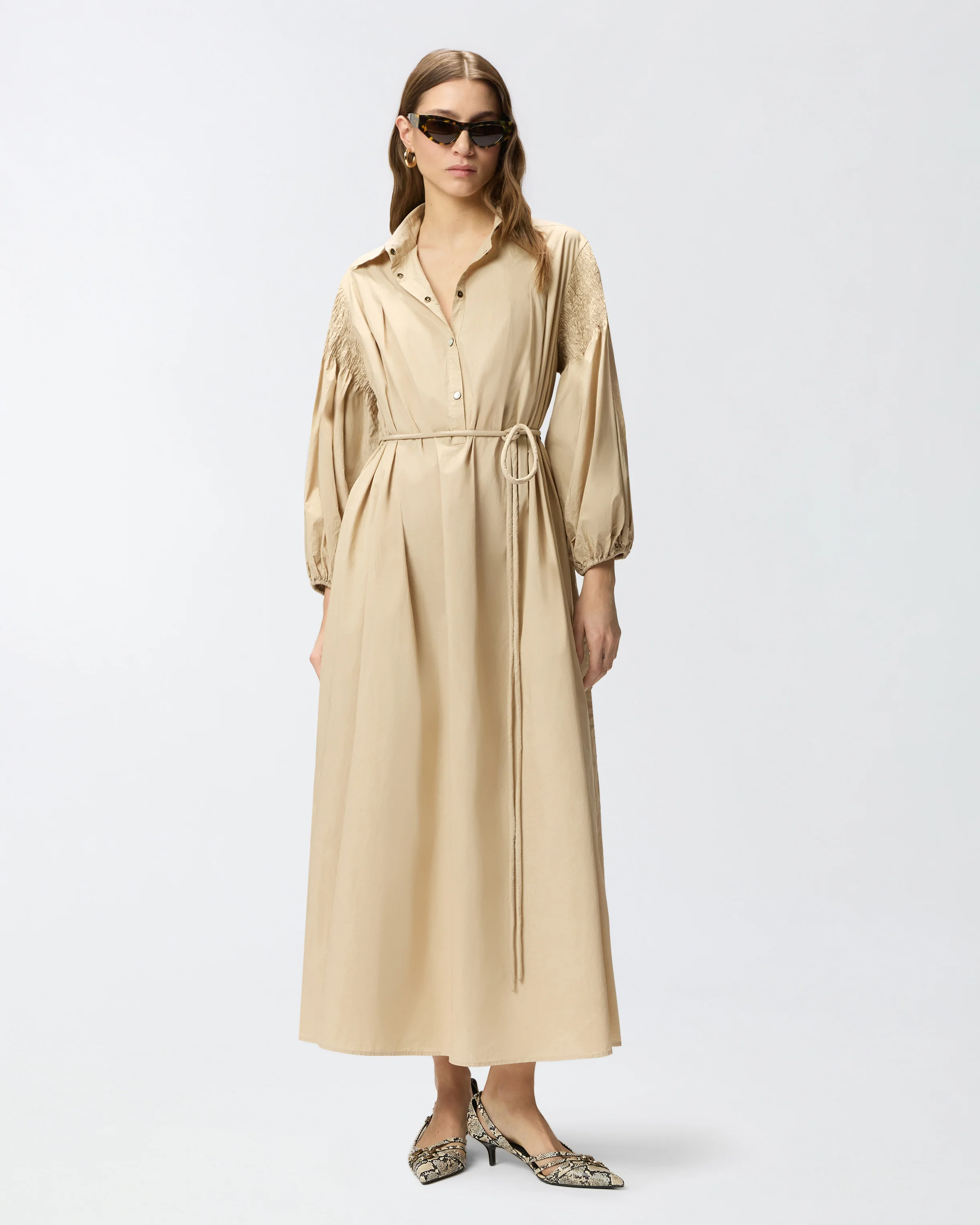 Long shirt dress in cotton with belt - Image 2