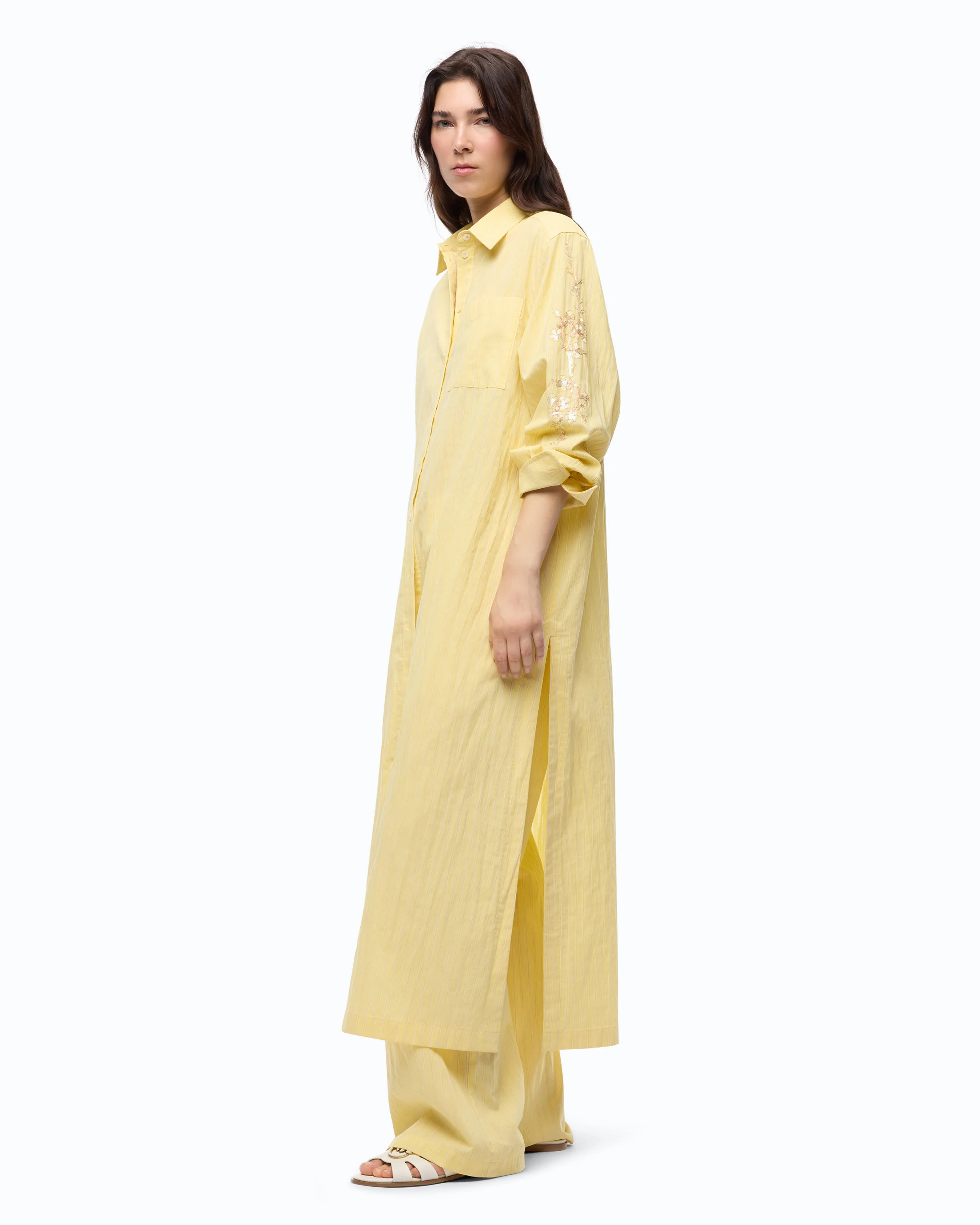 Long striped chemisier dress with floral embroidery