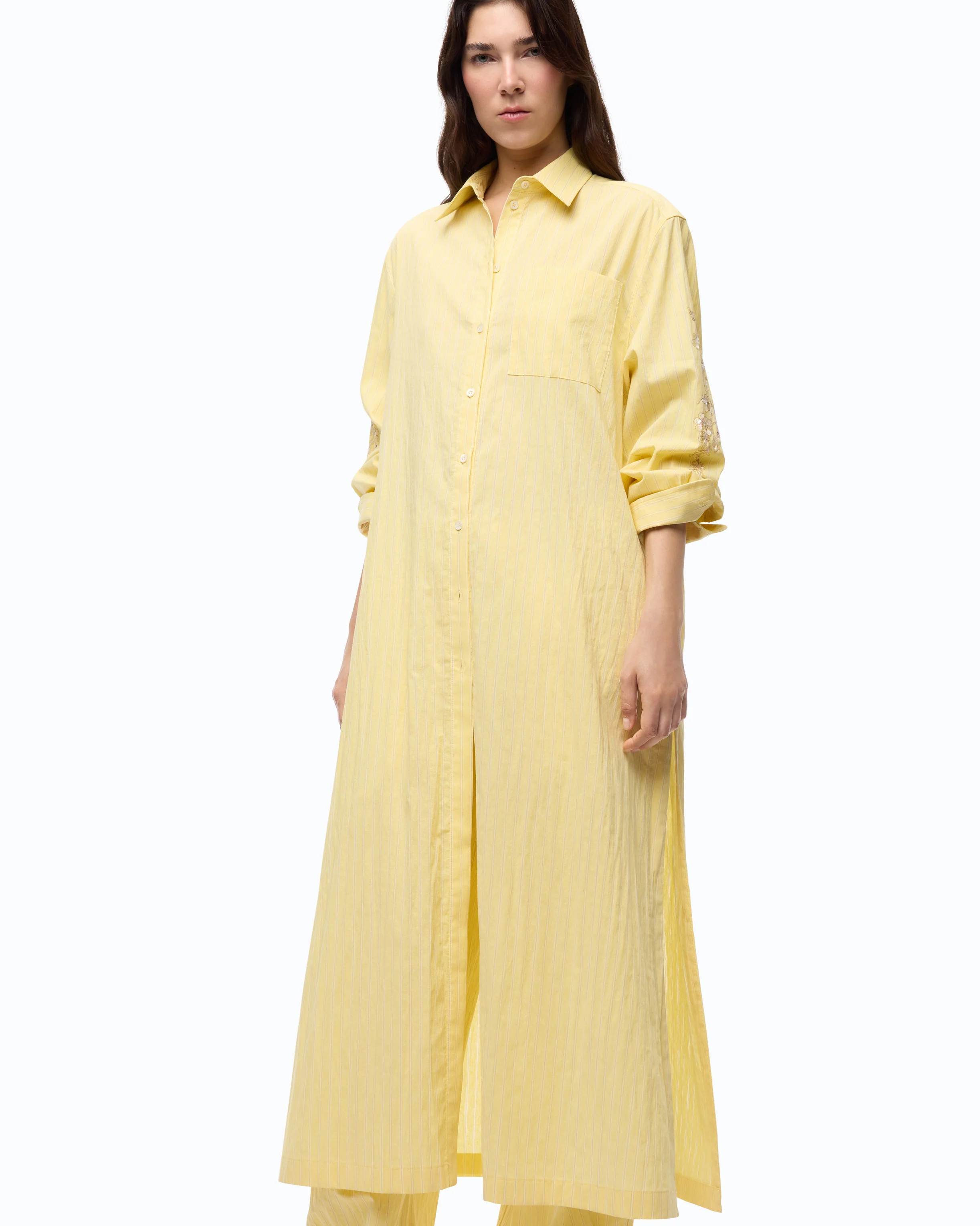 Long striped chemisier dress with floral embroidery - Image 2