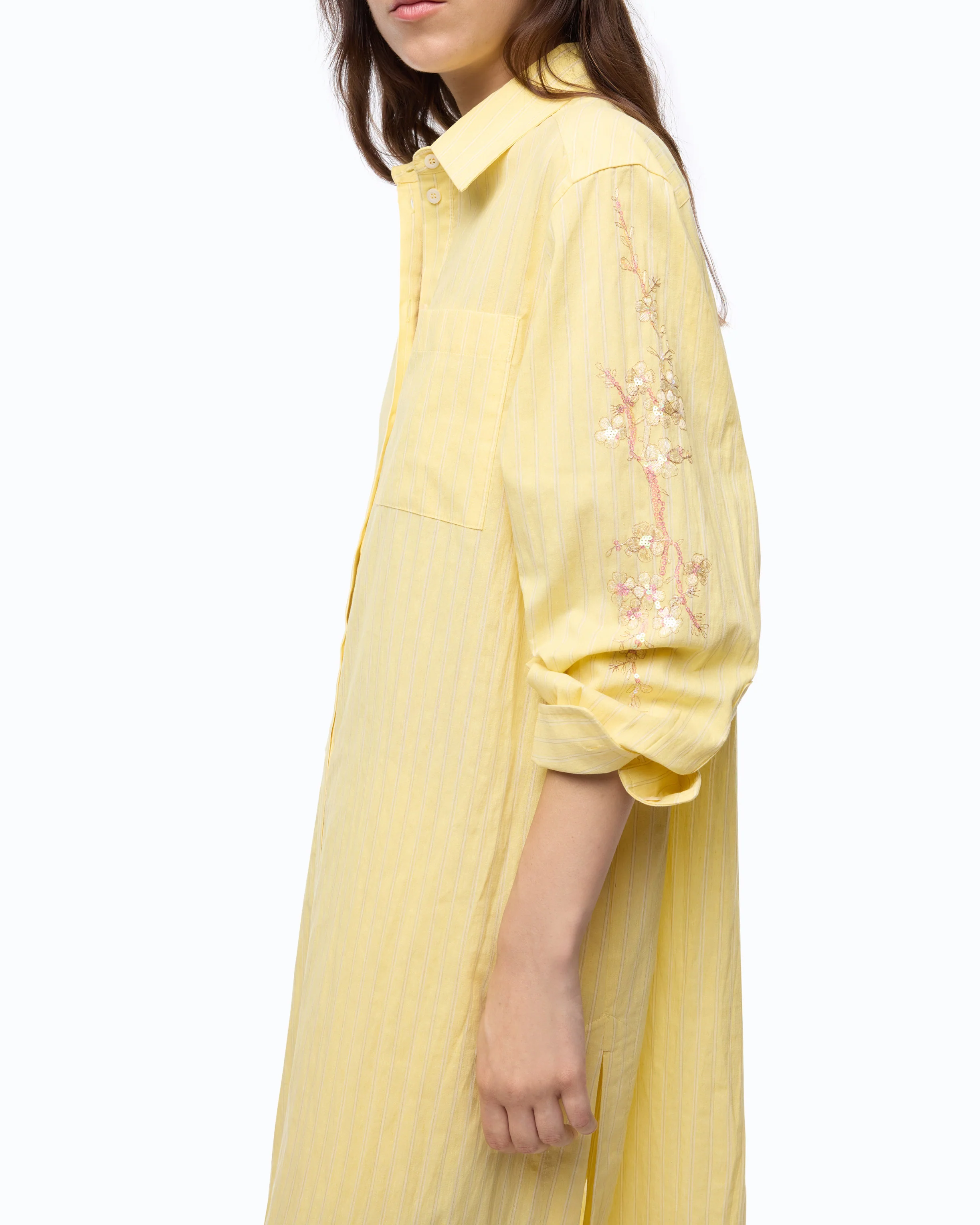 Long striped chemisier dress with floral embroidery - Image 3