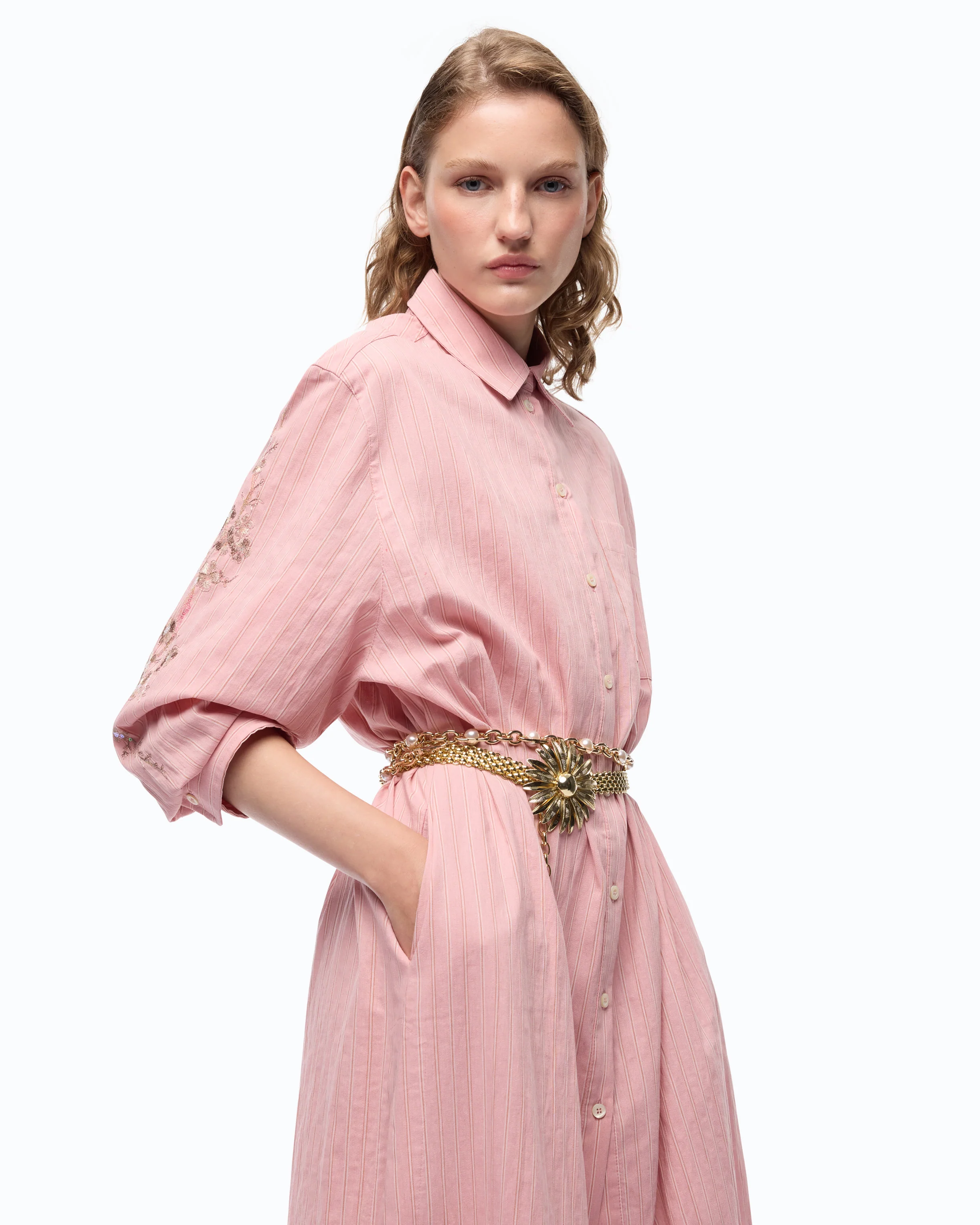 Long striped chemisier dress with floral embroidery - Image 2
