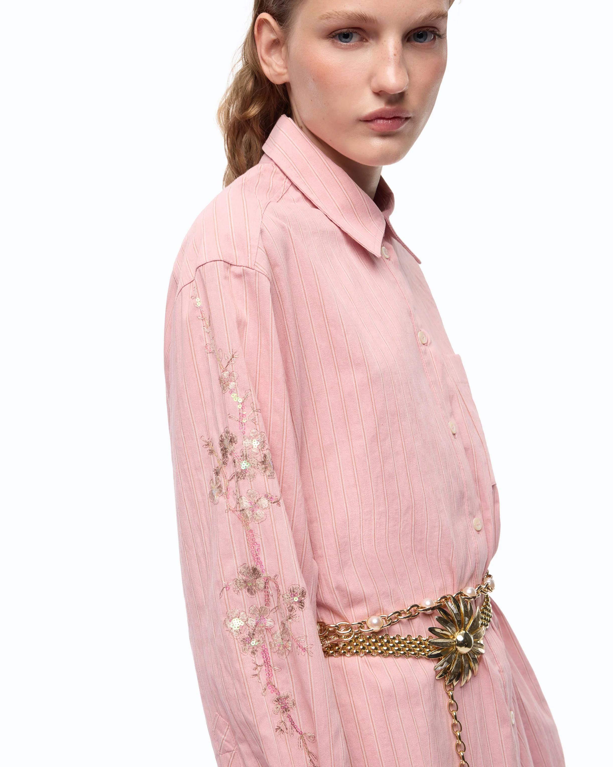 Long striped chemisier dress with floral embroidery - Image 3