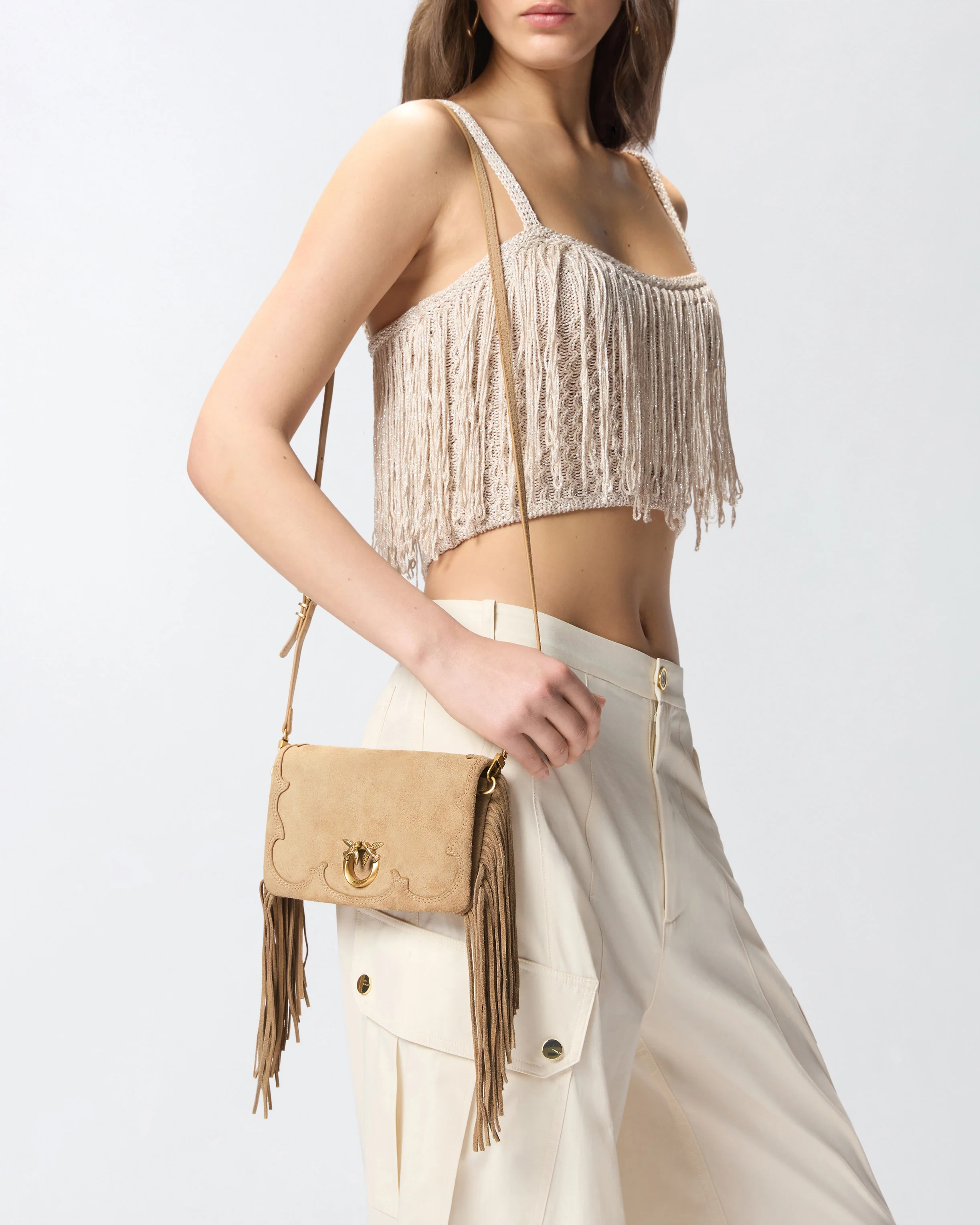 Love Bag Click Soft Horizontal Mini crossbody clutch in suede with fringing - Image 5