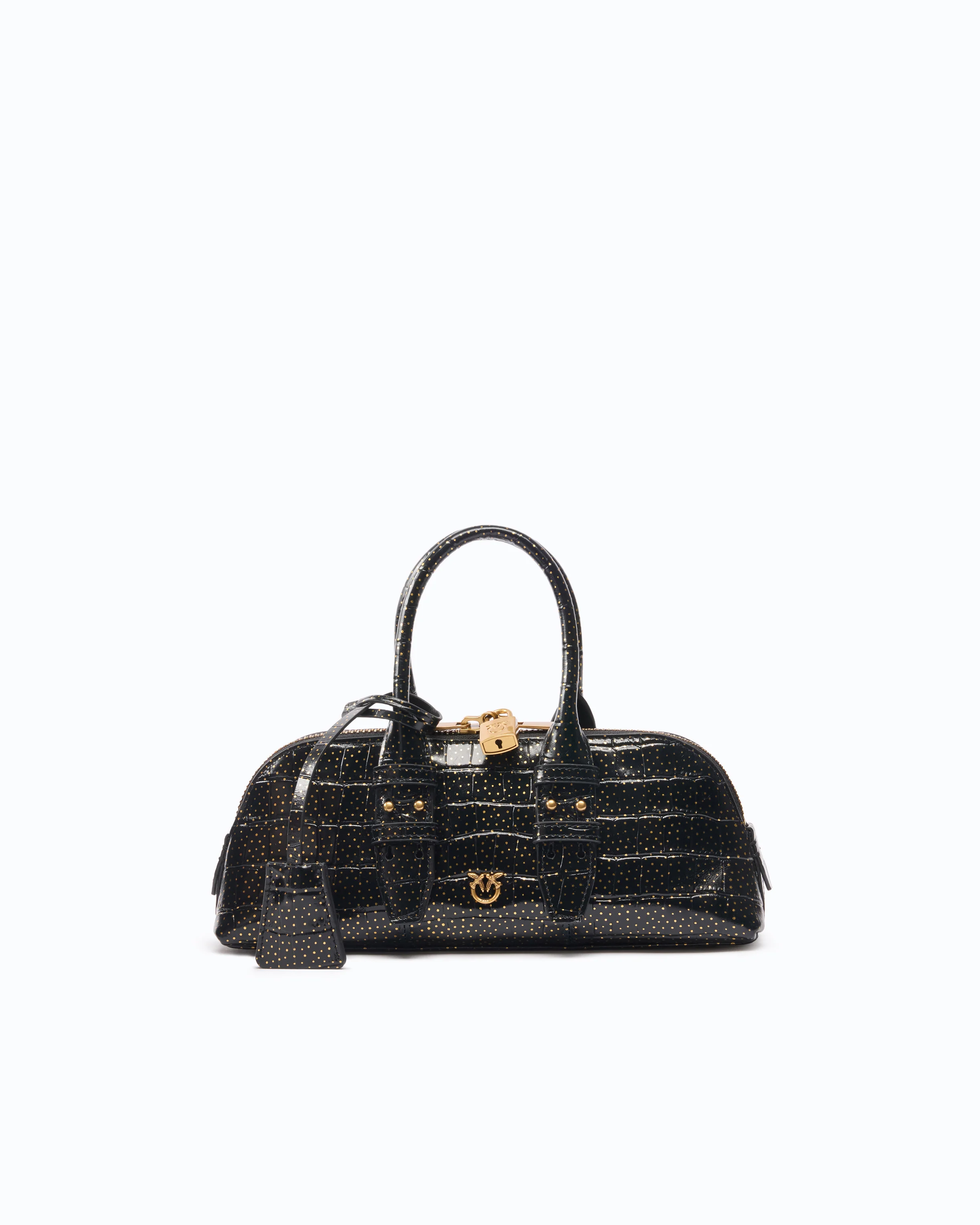 Medium crocodile-print leather bag with gold polka dots